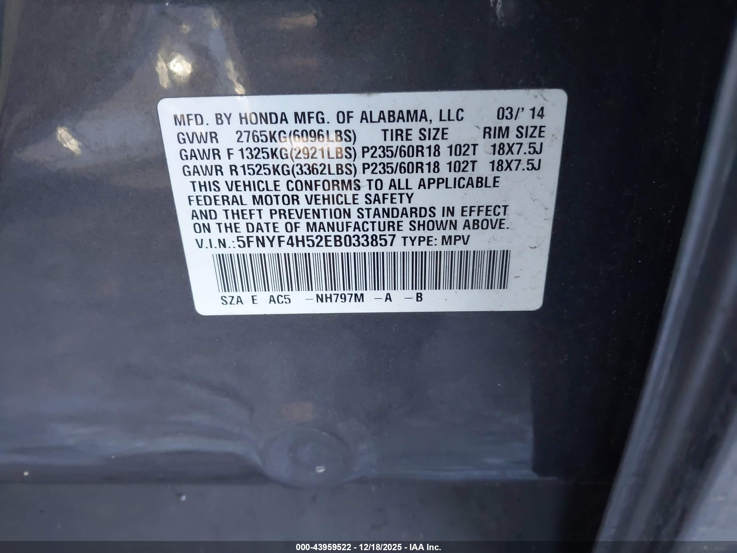 2014 Honda Pilot Ex-l Gray vin: 5FNYF4H52EB033857