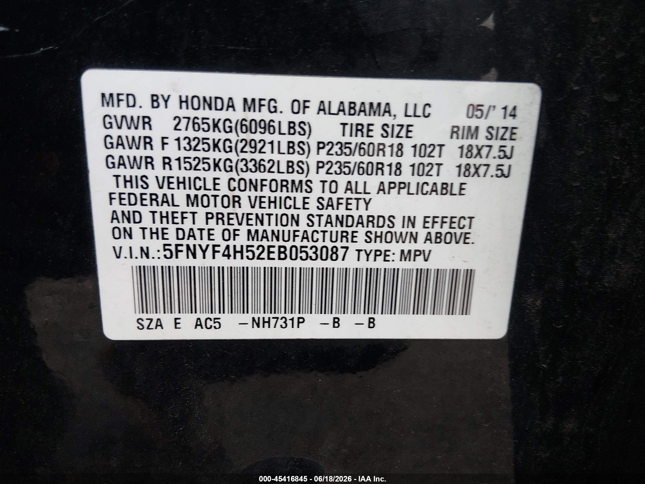 2014 Honda Pilot Ex-l Blue vin: 5FNYF4H52EB053087