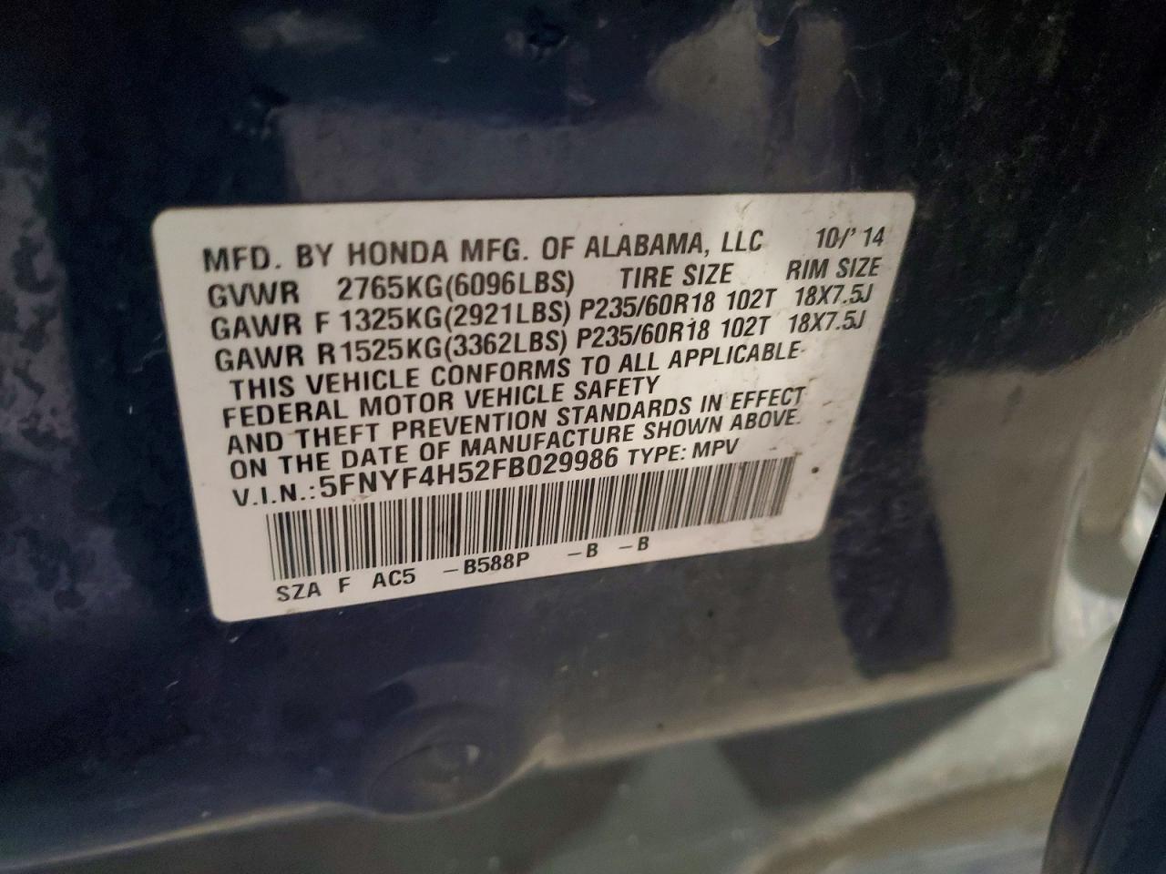 2015 Honda Pilot Exl Blue vin: 5FNYF4H52FB029986