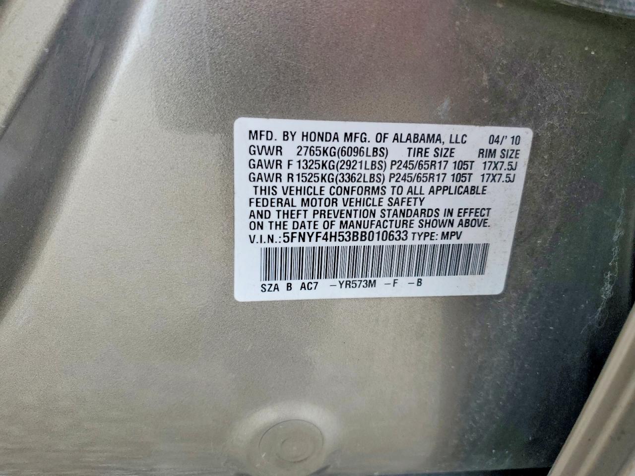 2011 Honda Pilot Exl Gold vin: 5FNYF4H53BB010633