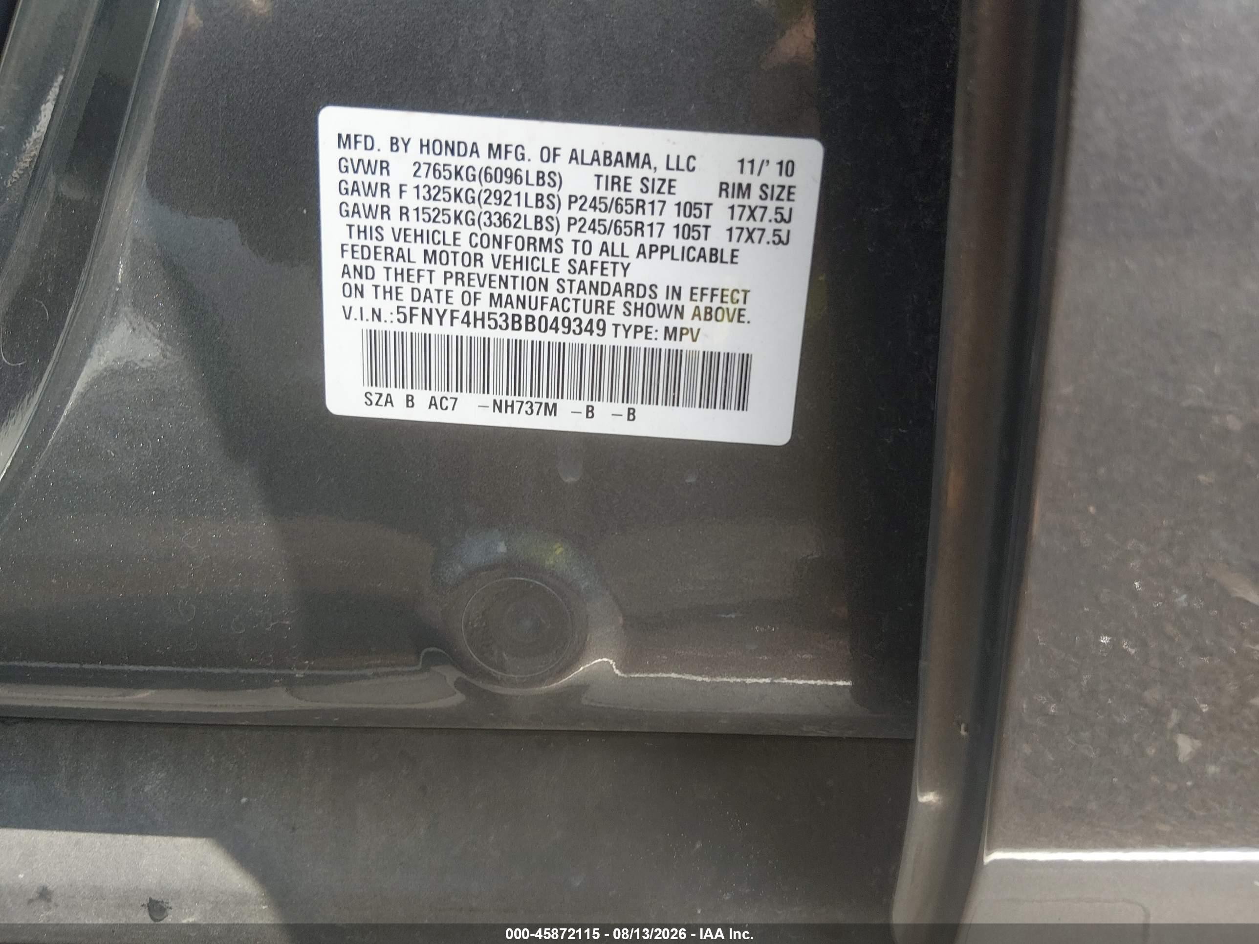 2011 Honda Pilot Ex-l Gray vin: 5FNYF4H53BB049349