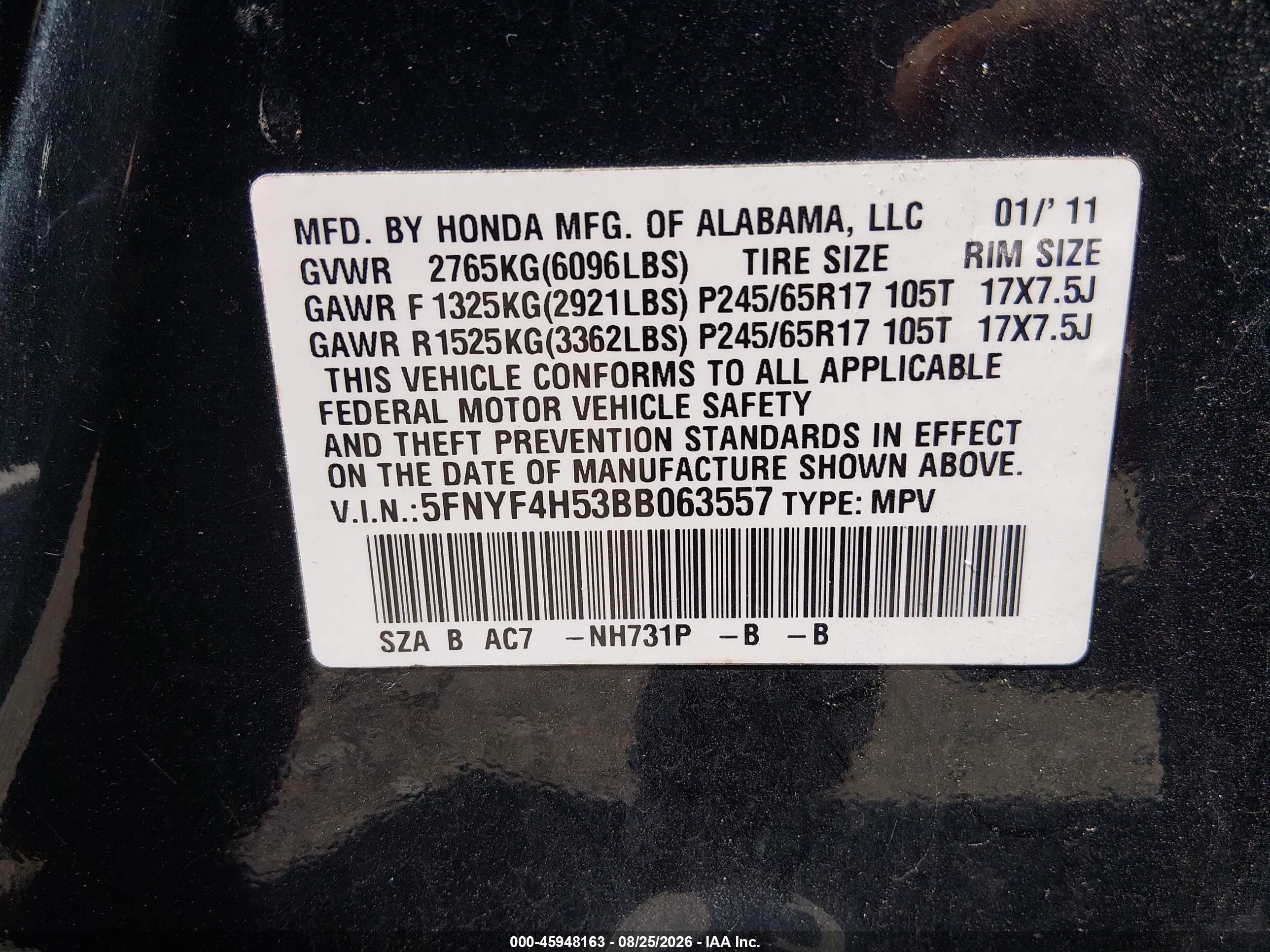 2011 Honda Pilot Ex-l Black vin: 5FNYF4H53BB063557