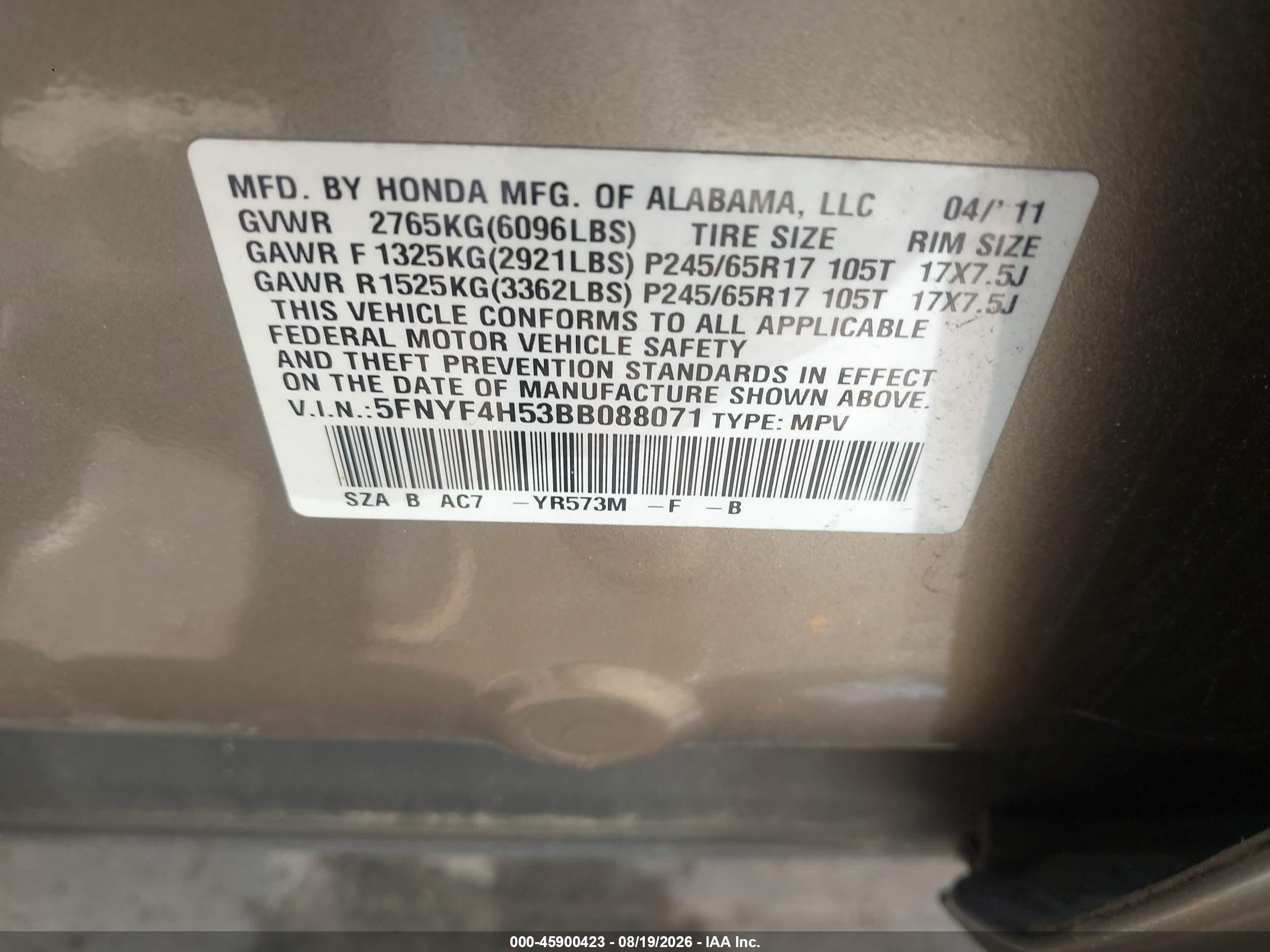 2011 Honda Pilot Ex-l Brown vin: 5FNYF4H53BB088071