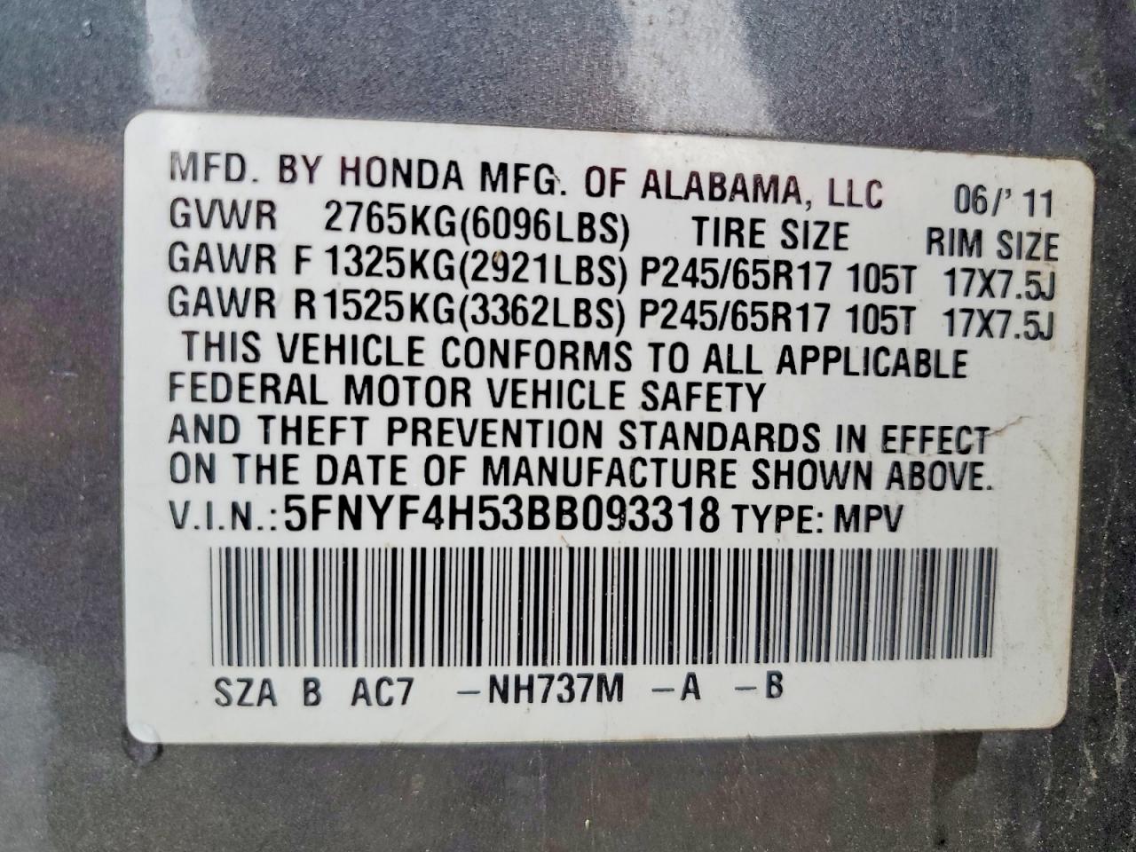 2011 Honda Pilot Exl Gray vin: 5FNYF4H53BB093318