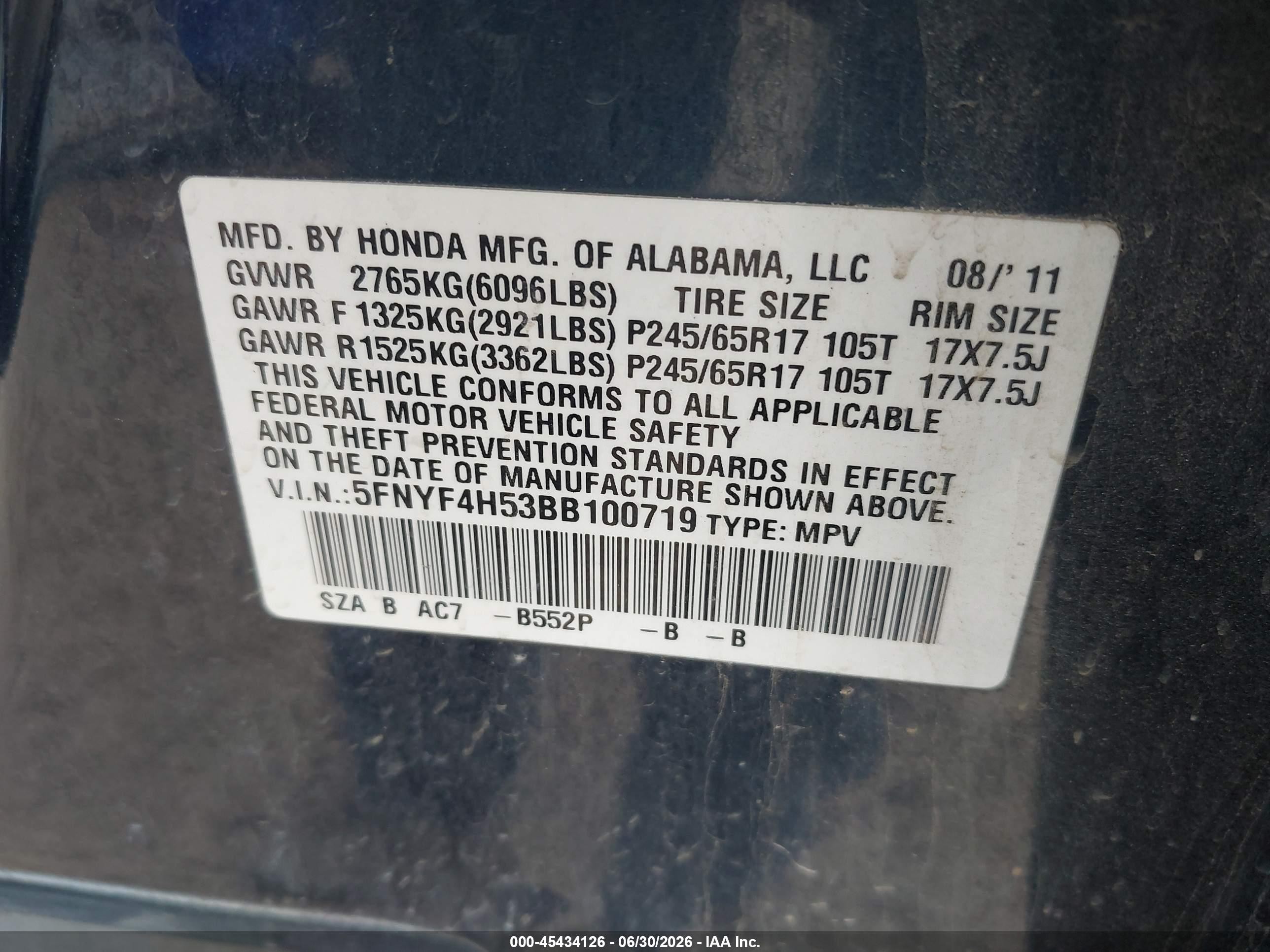 2011 Honda Pilot Ex-l Blue vin: 5FNYF4H53BB100719