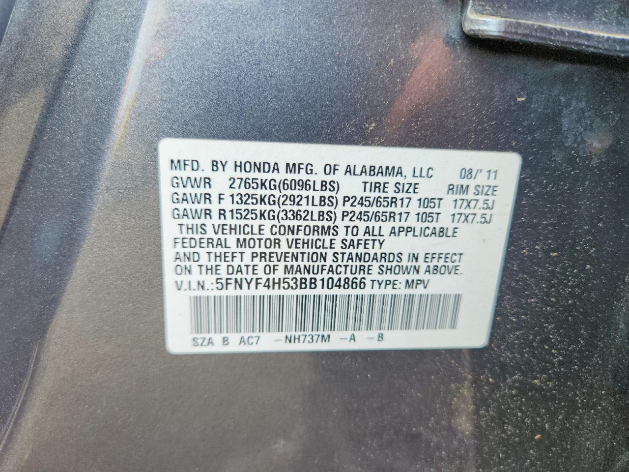 2011 Honda Pilot Exl Серый vin: 5FNYF4H53BB104866