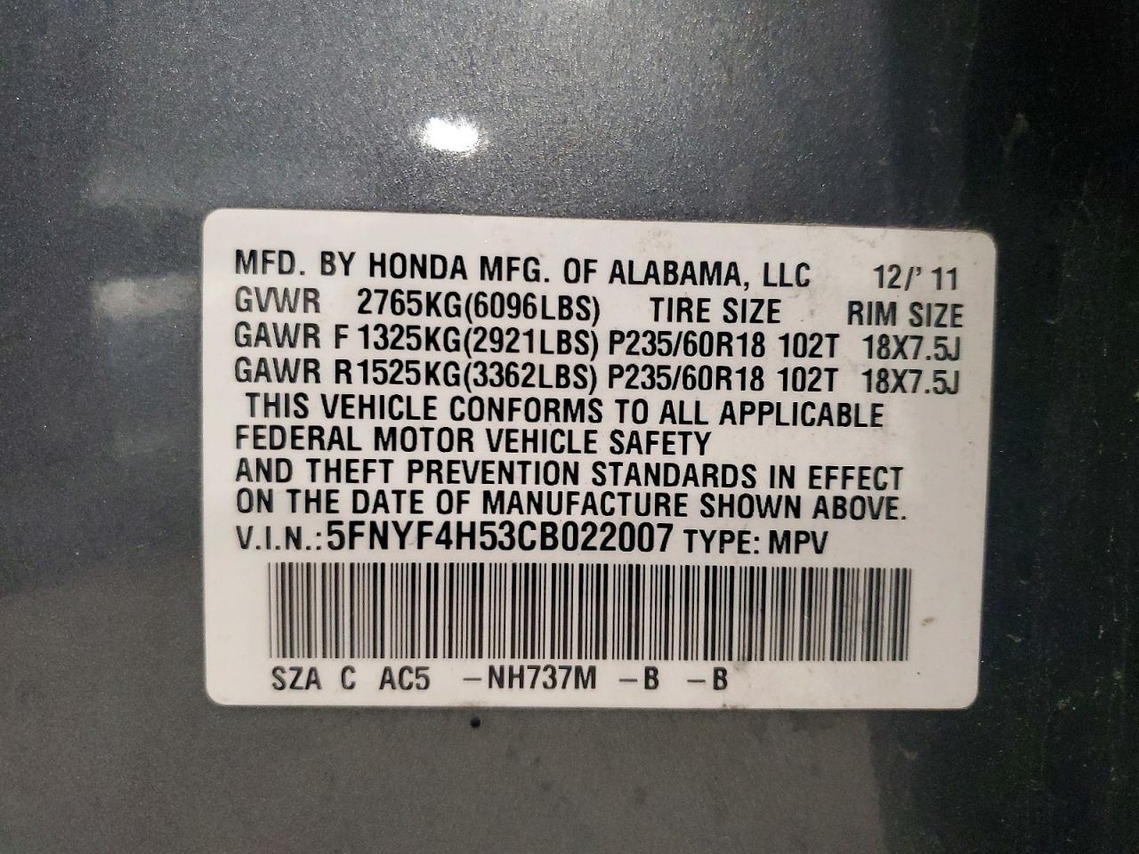 2012 Honda Pilot Exl Серый vin: 5FNYF4H53CB022007
