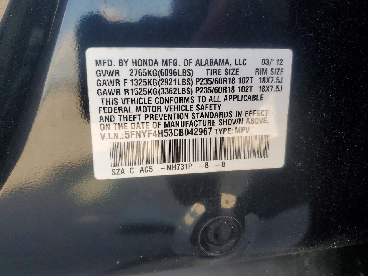 2012 Honda Pilot Exl Black vin: 5FNYF4H53CB042967