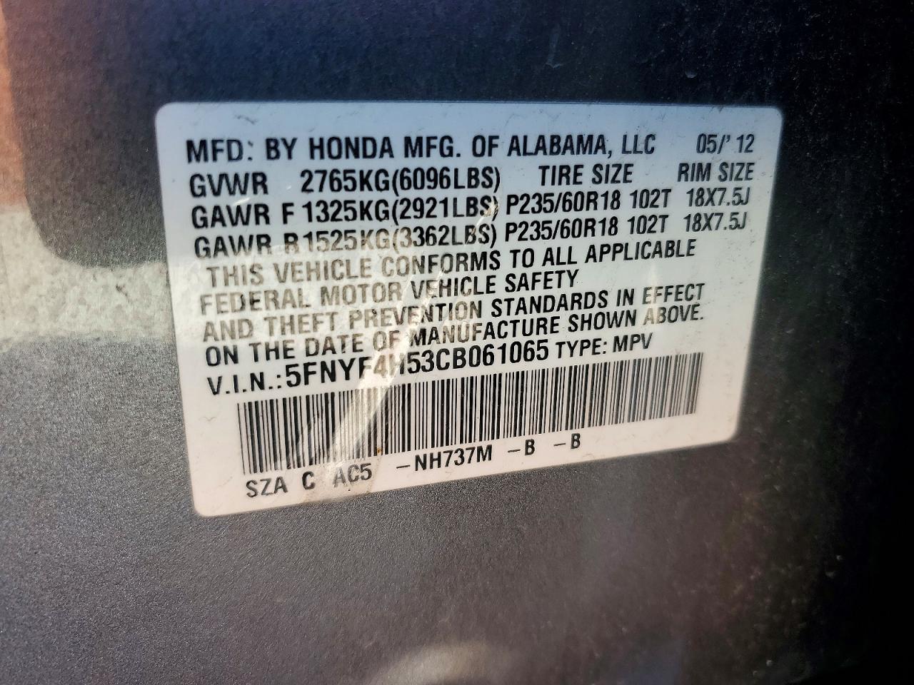 2012 Honda Pilot Exl Gray vin: 5FNYF4H53CB061065
