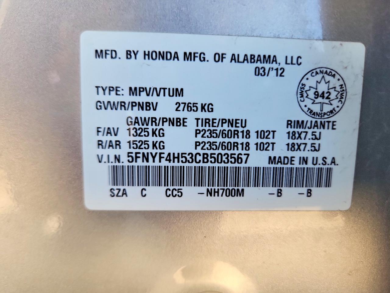 2012 Honda Pilot Exl Silver vin: 5FNYF4H53CB503567