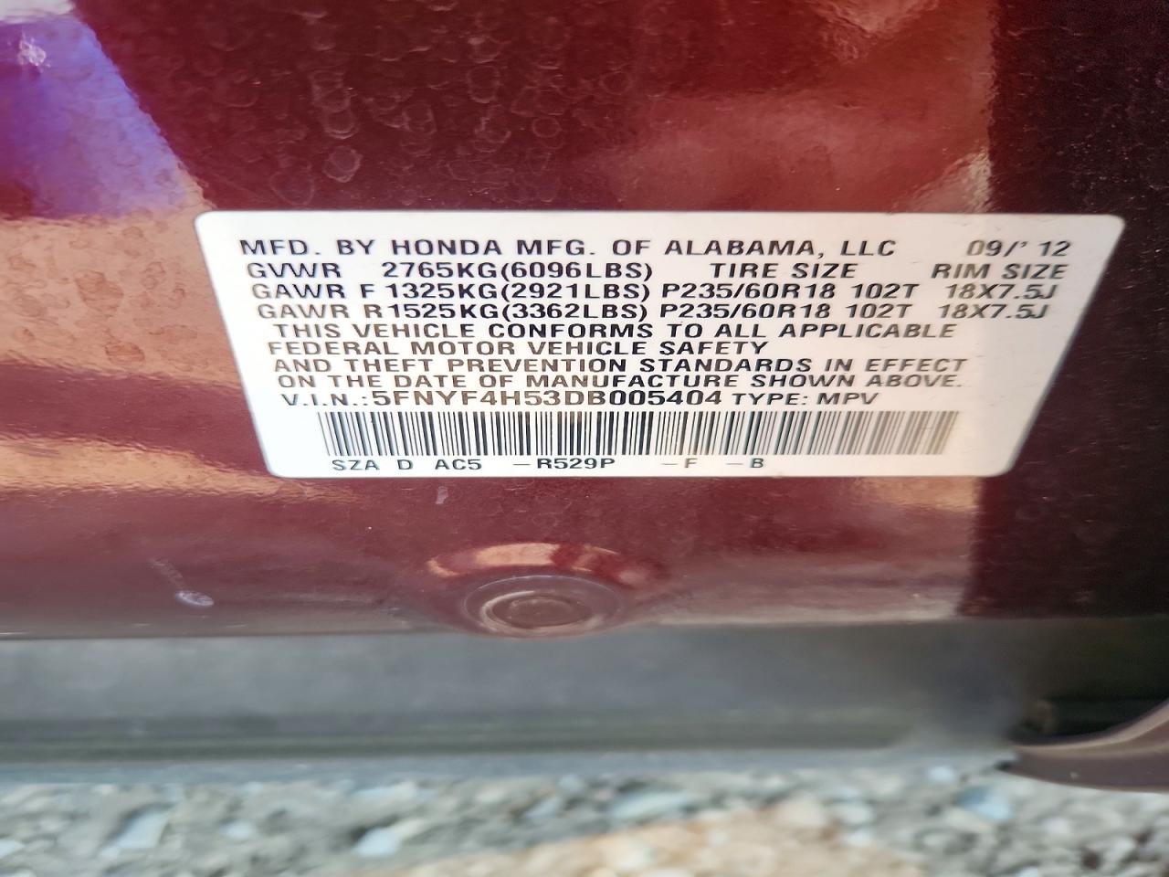 2013 Honda Pilot Exl Темно-бордовый vin: 5FNYF4H53DB005404
