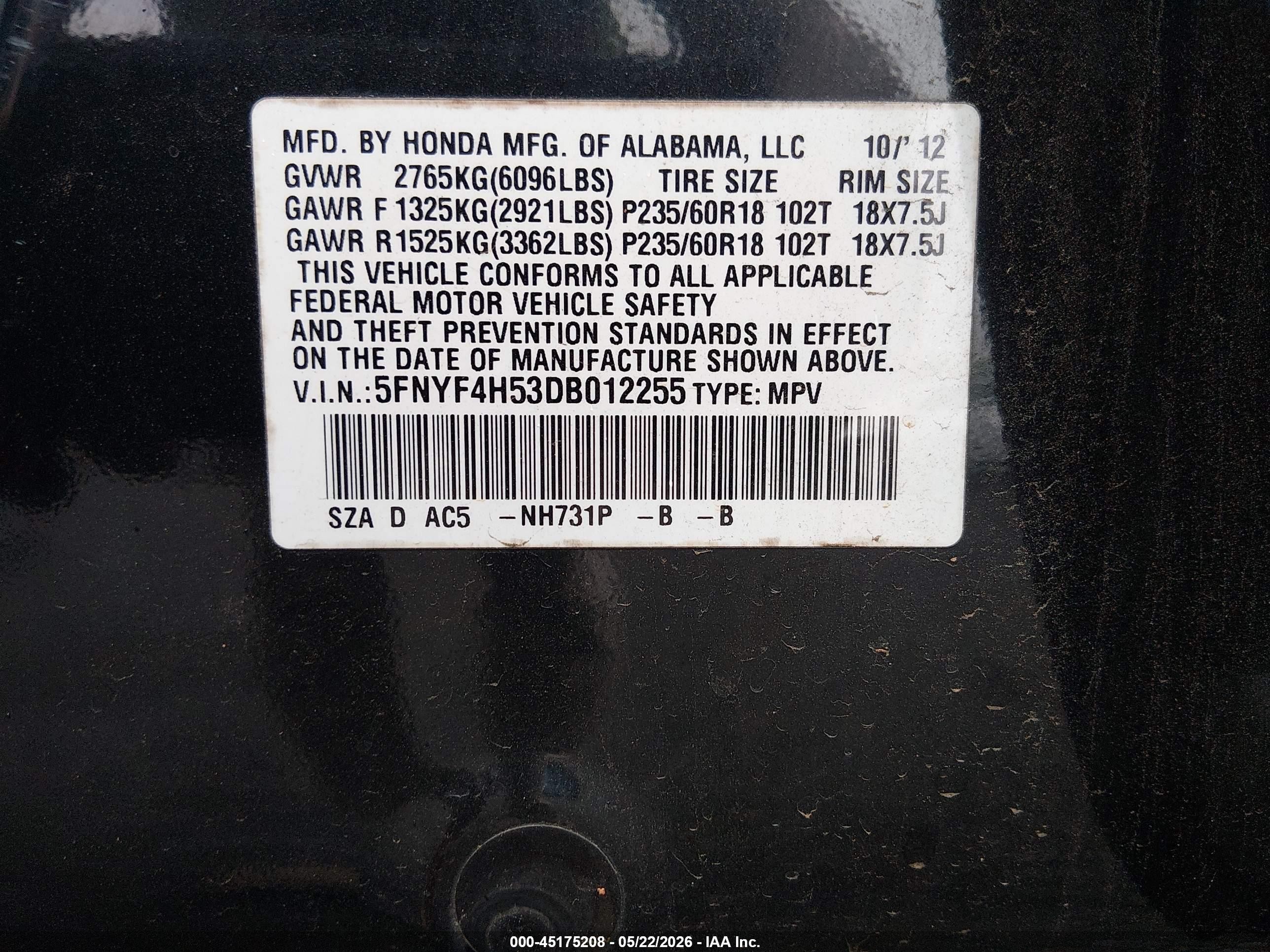 2013 Honda Pilot Ex-l Black vin: 5FNYF4H53DB012255