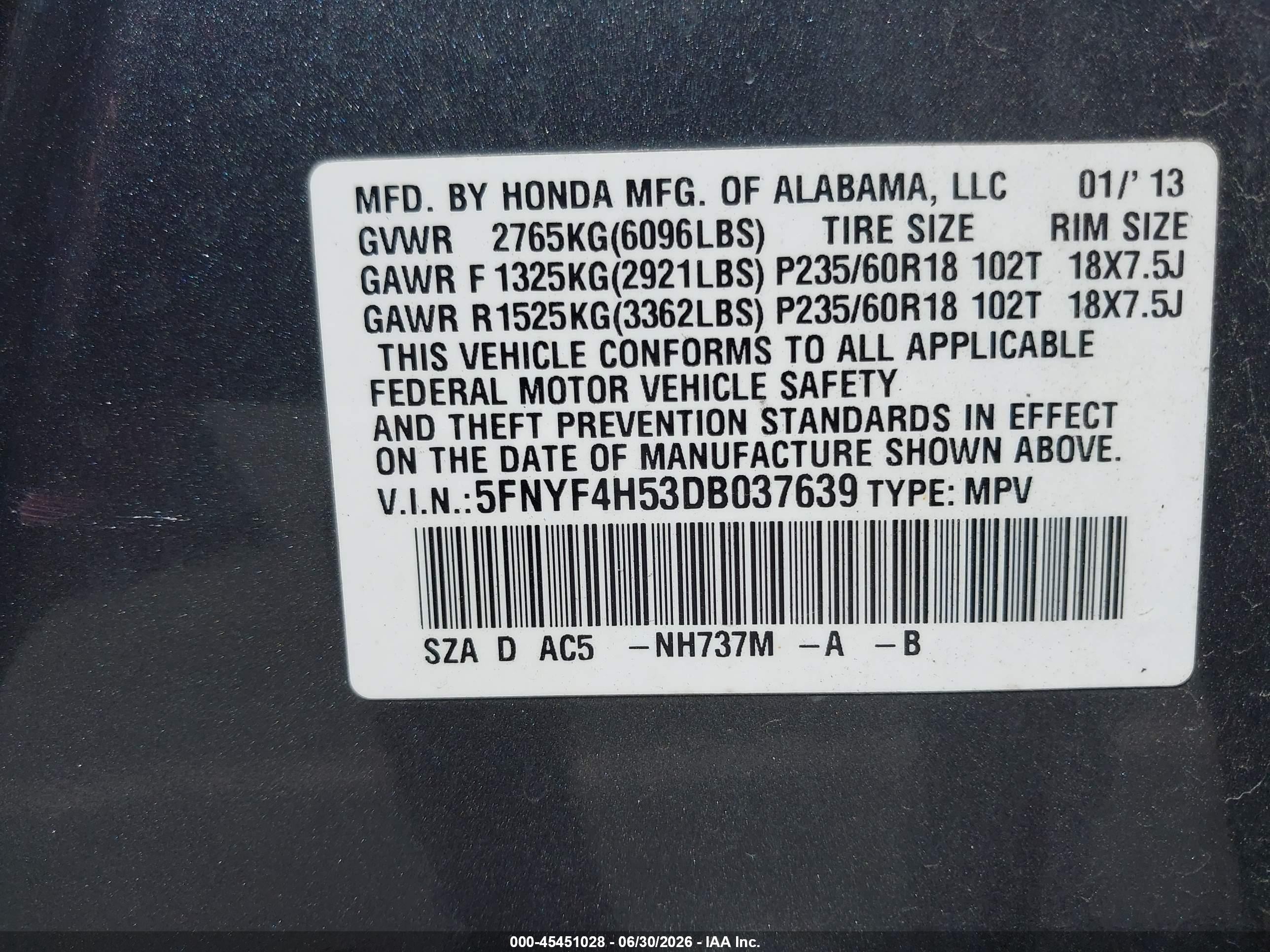 2013 Honda Pilot Ex-l Gray vin: 5FNYF4H53DB037639