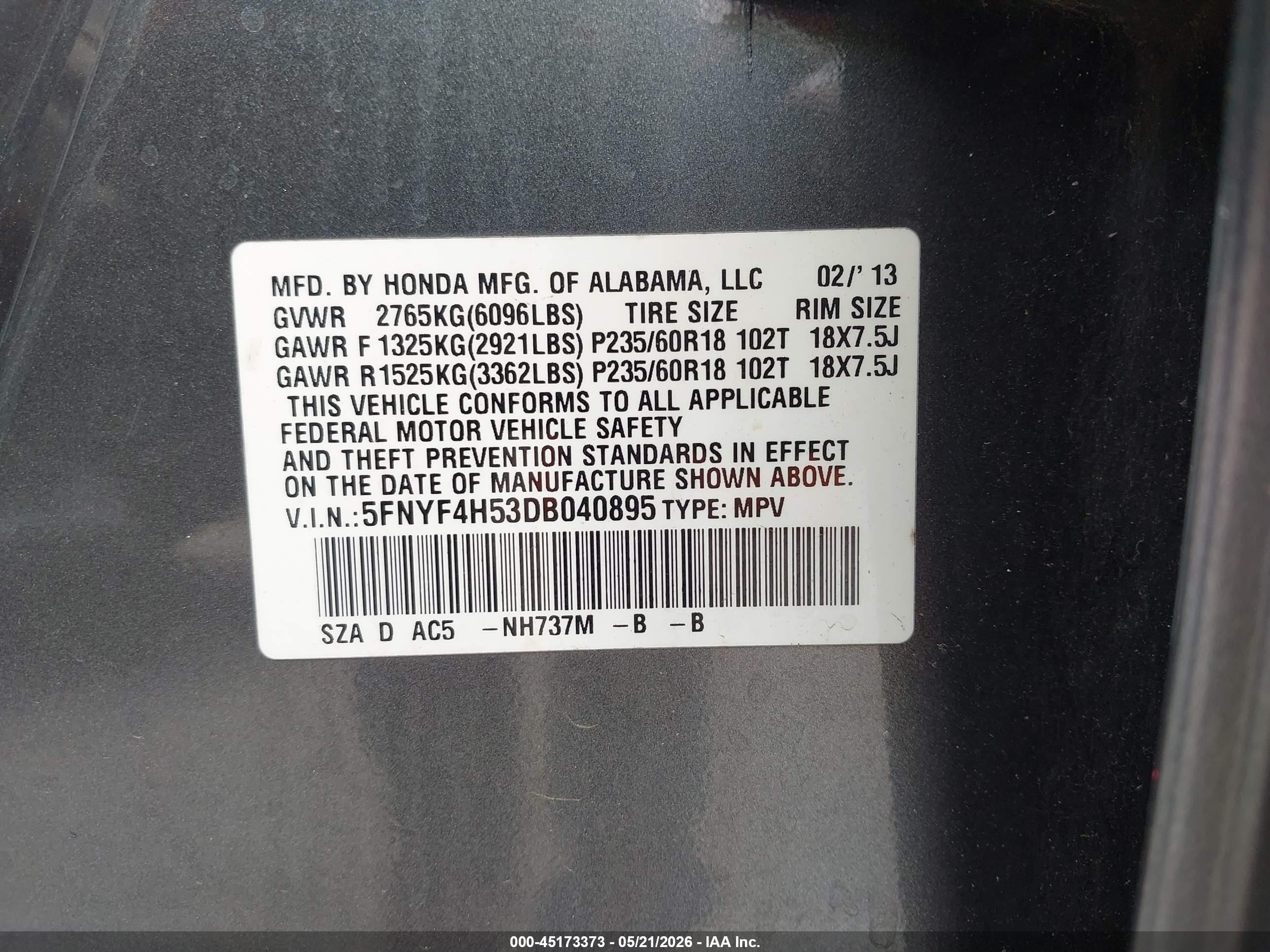 2013 Honda Pilot Ex-l Серый vin: 5FNYF4H53DB040895
