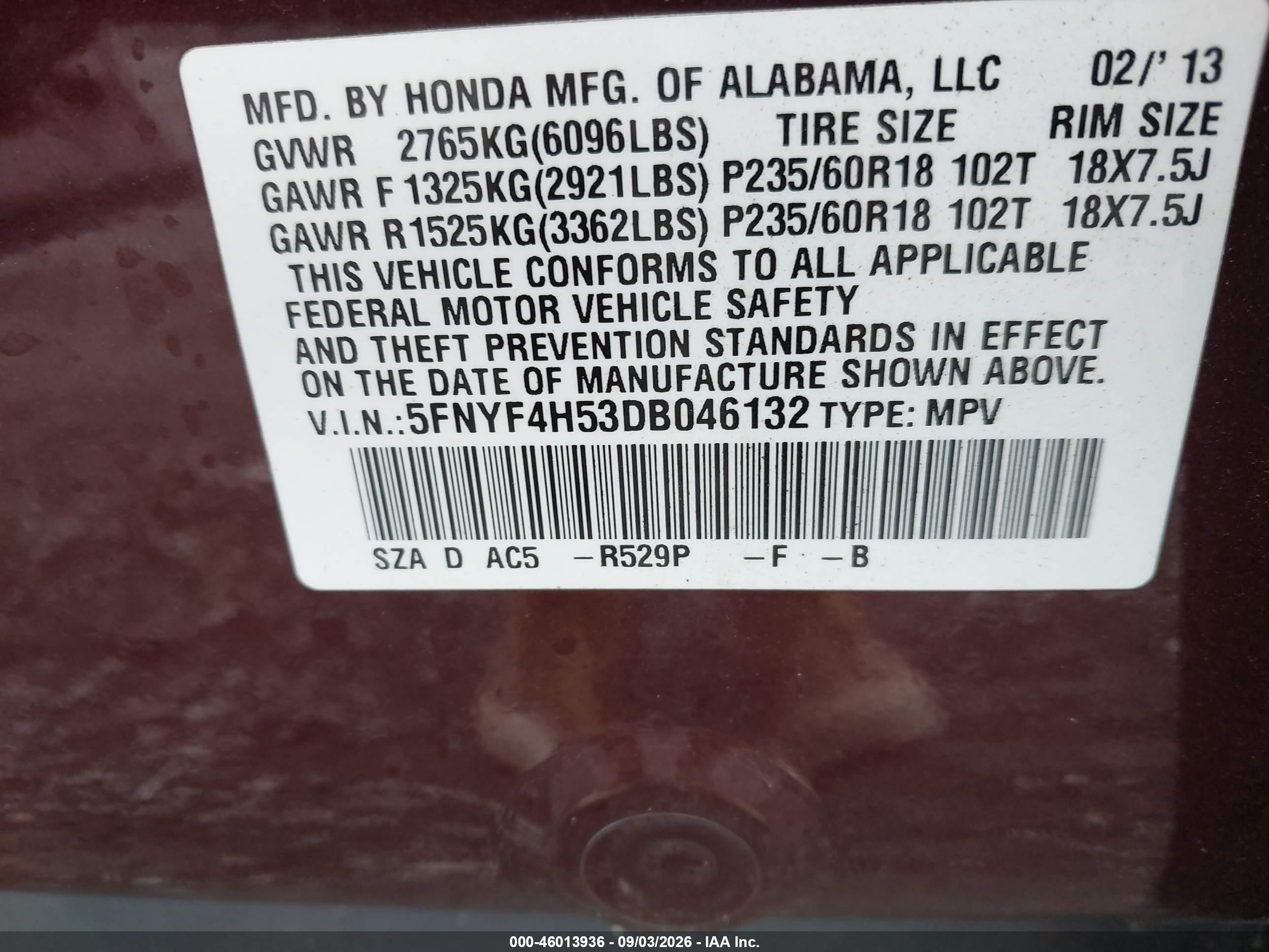 2013 Honda Pilot Ex-l Red vin: 5FNYF4H53DB046132