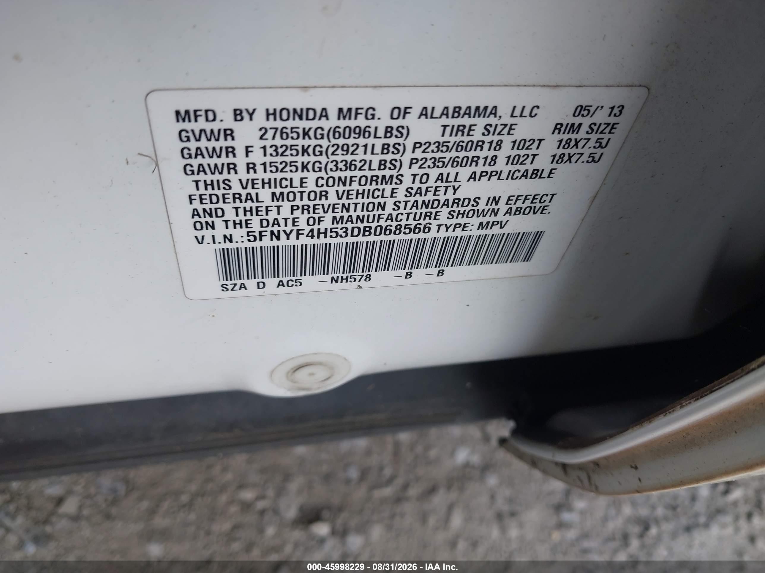 2013 Honda Pilot Ex-l Белый vin: 5FNYF4H53DB068566