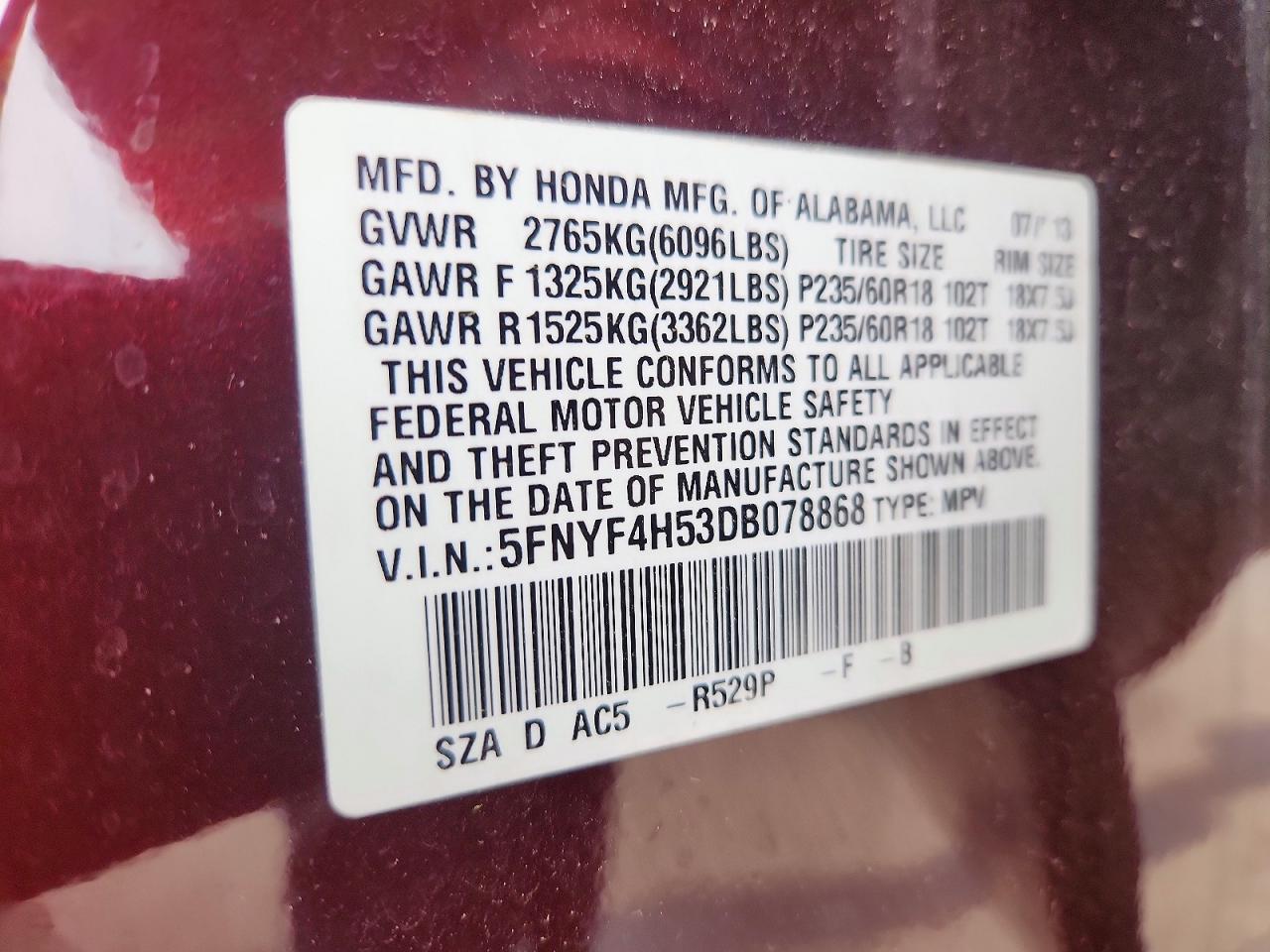 2013 Honda Pilot Exl Purple vin: 5FNYF4H53DB078868