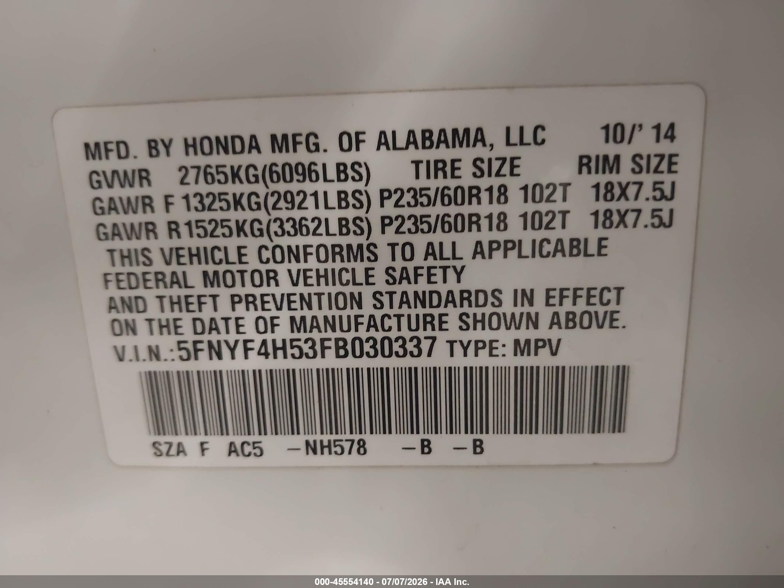 2015 Honda Pilot Ex-l White vin: 5FNYF4H53FB030337