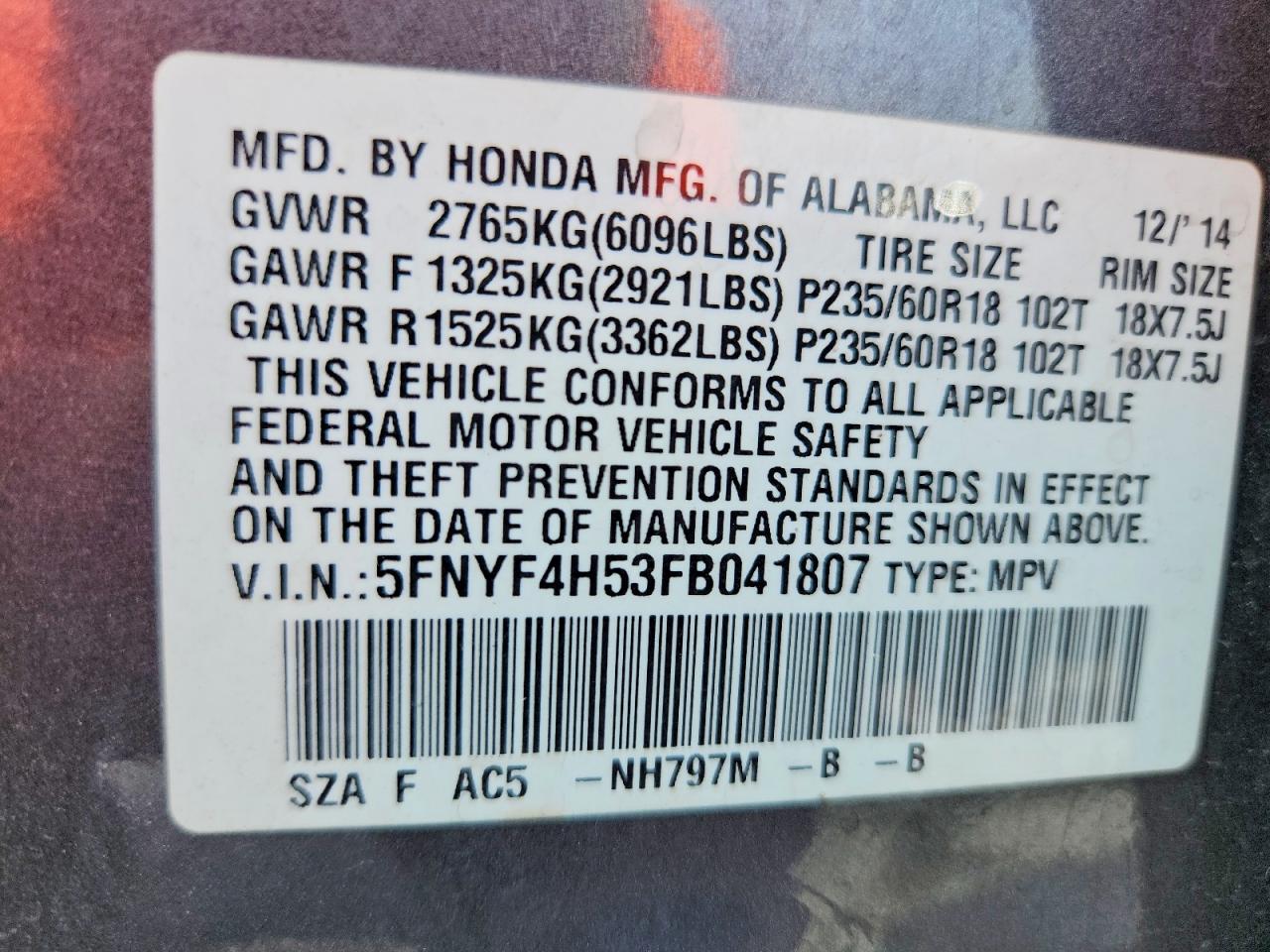 2015 Honda Pilot Exl Gray vin: 5FNYF4H53FB041807