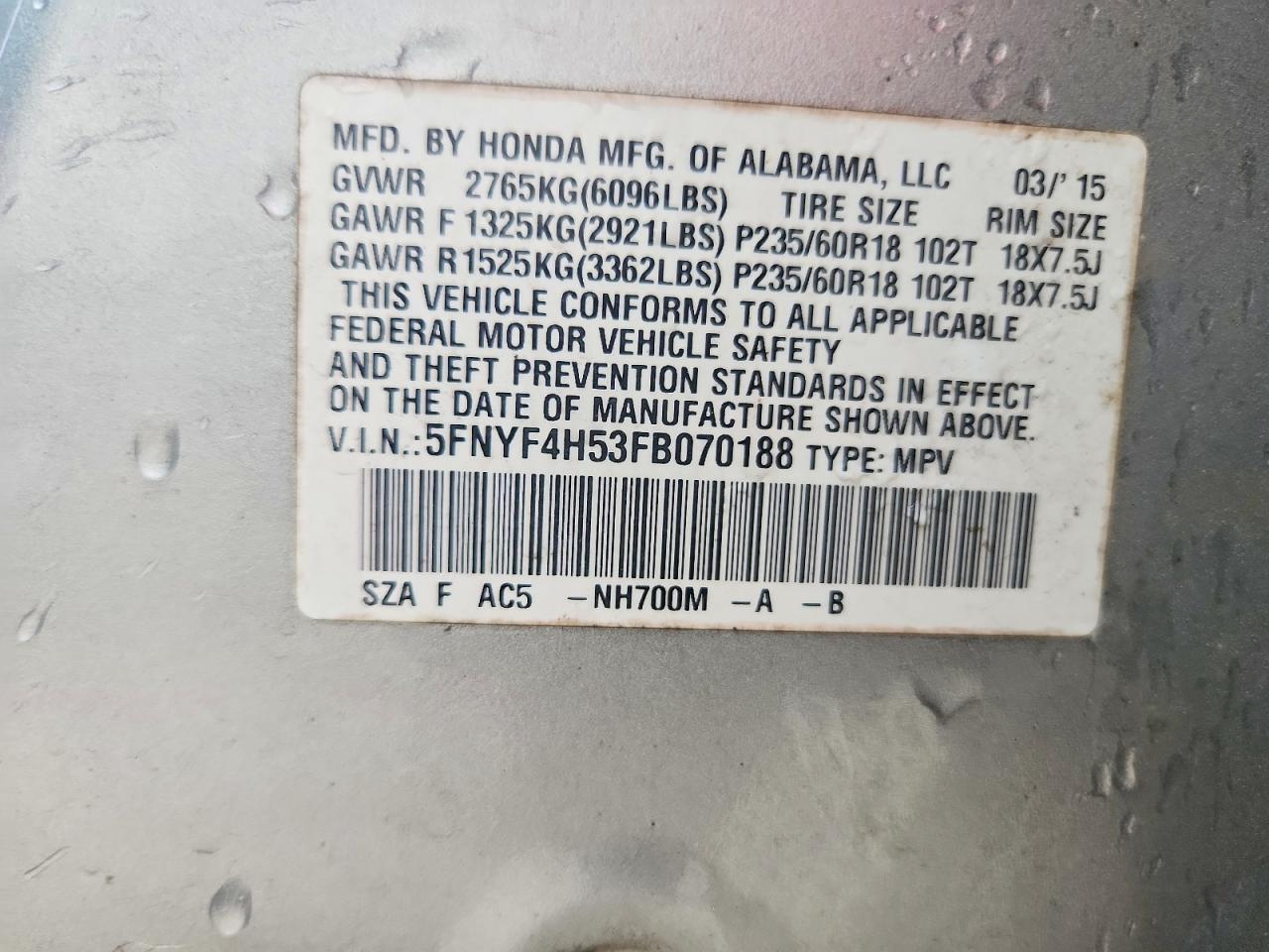 2015 Honda Pilot Exl Silver vin: 5FNYF4H53FB070188
