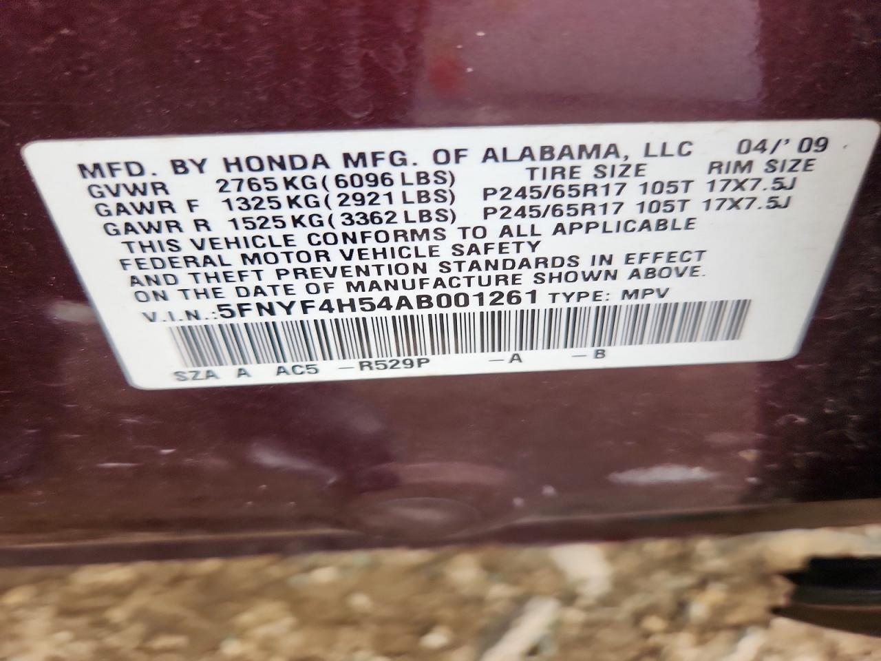 2010 Honda Pilot Exl Бордовый vin: 5FNYF4H54AB001261
