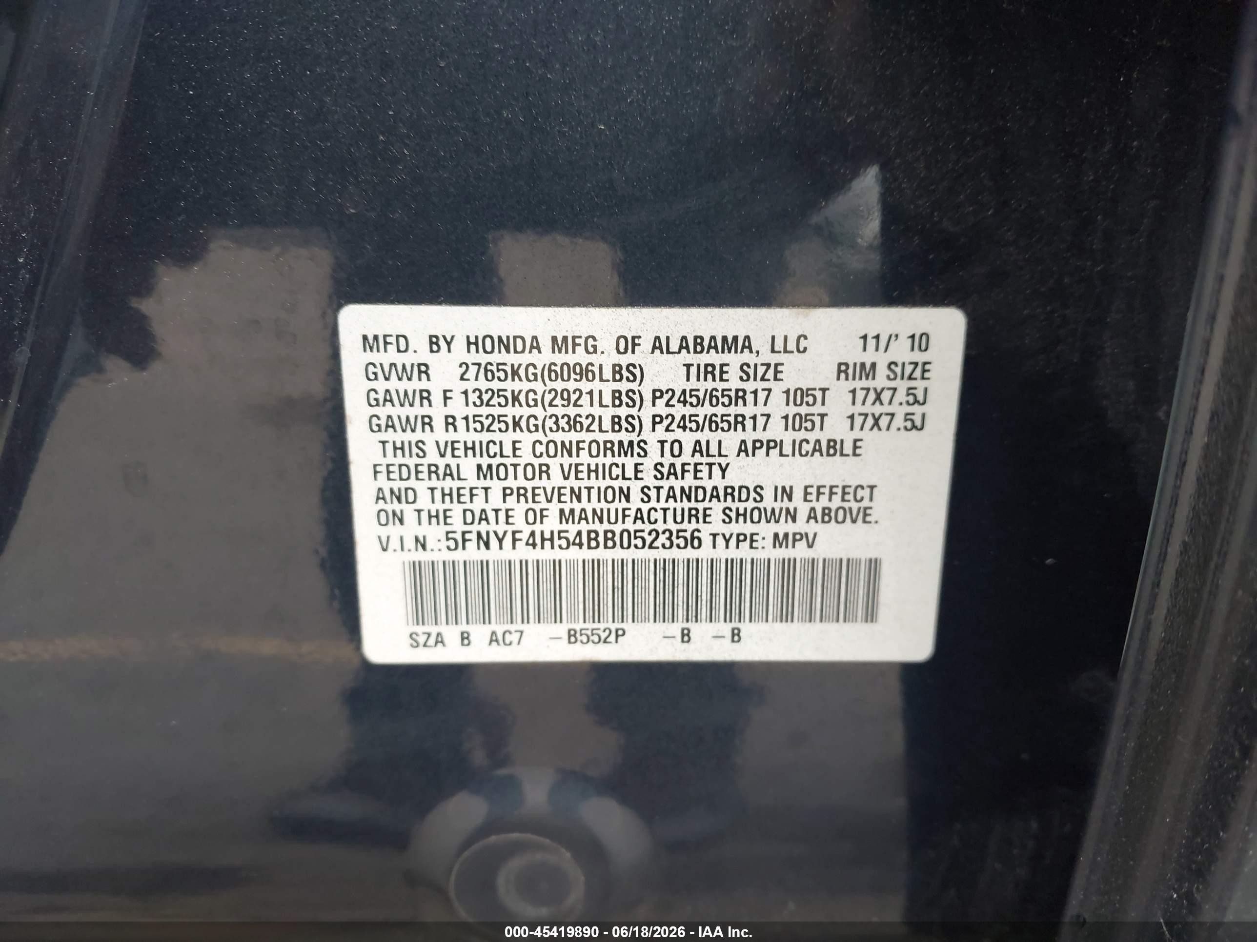 2011 Honda Pilot Ex-l Dark Blue vin: 5FNYF4H54BB052356