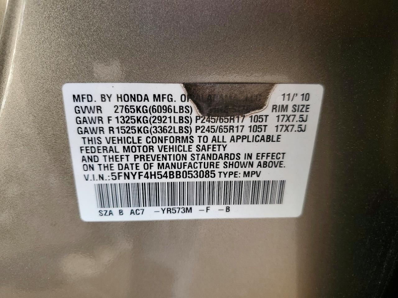 2011 Honda Pilot Exl Tan vin: 5FNYF4H54BB053085