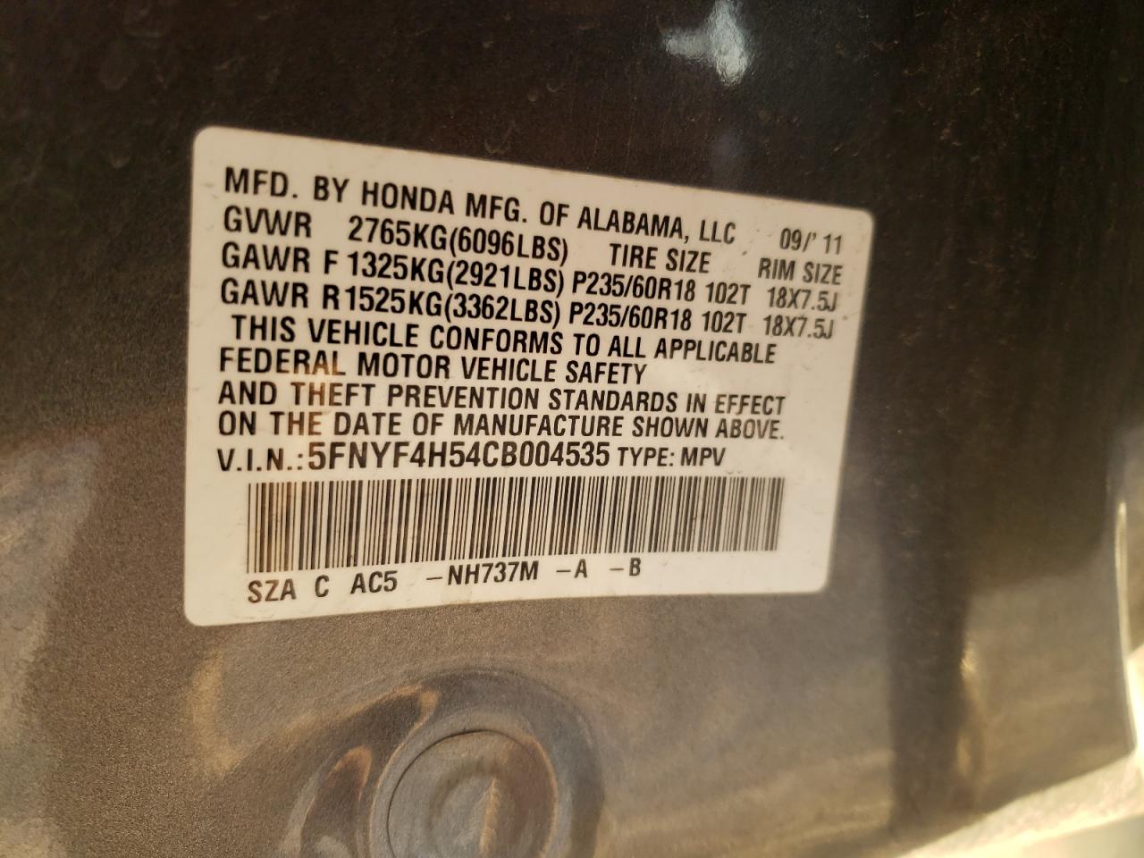 2012 Honda Pilot Exl Charcoal vin: 5FNYF4H54CB004535