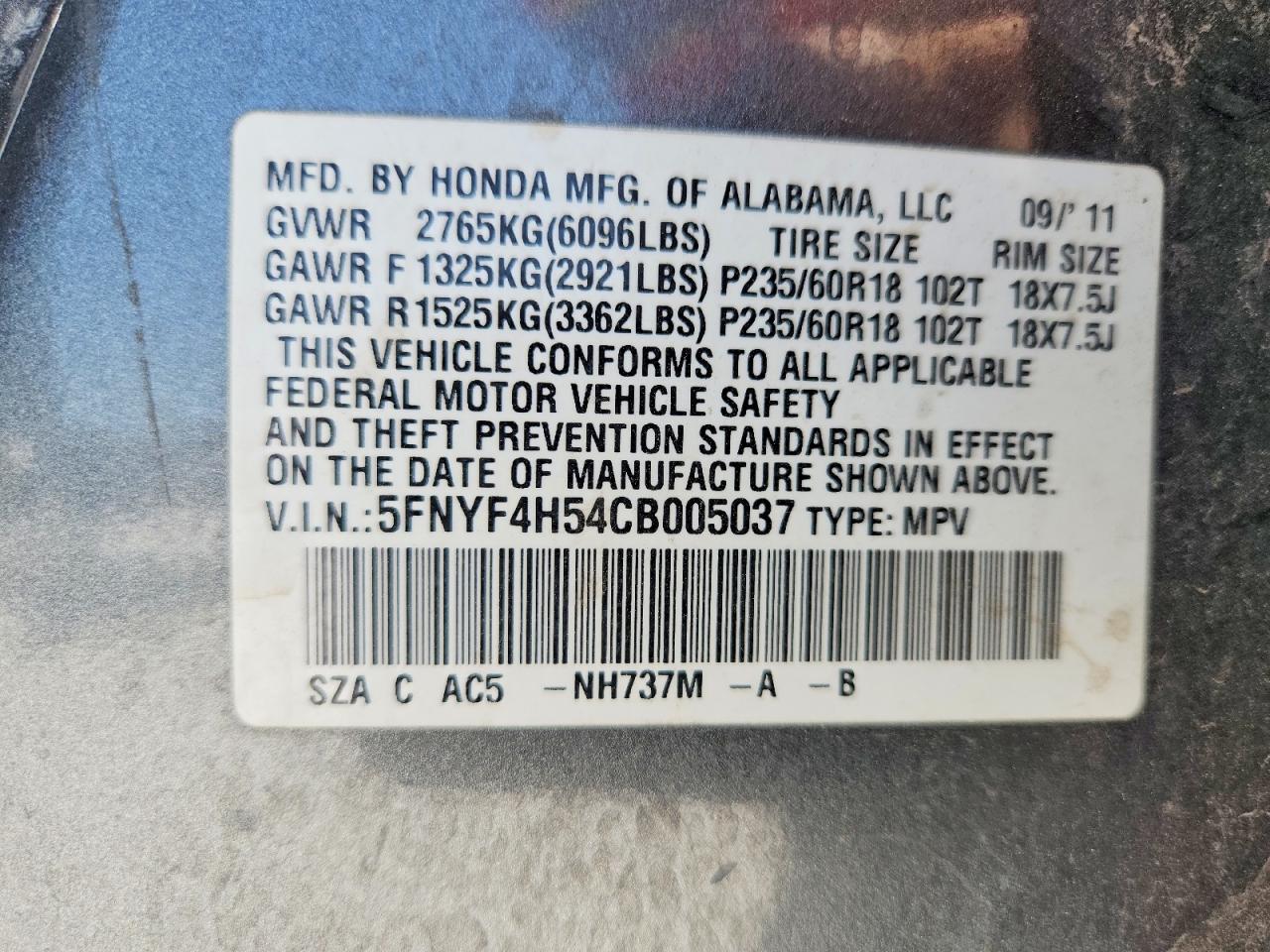 2012 Honda Pilot Exl Charcoal vin: 5FNYF4H54CB005037