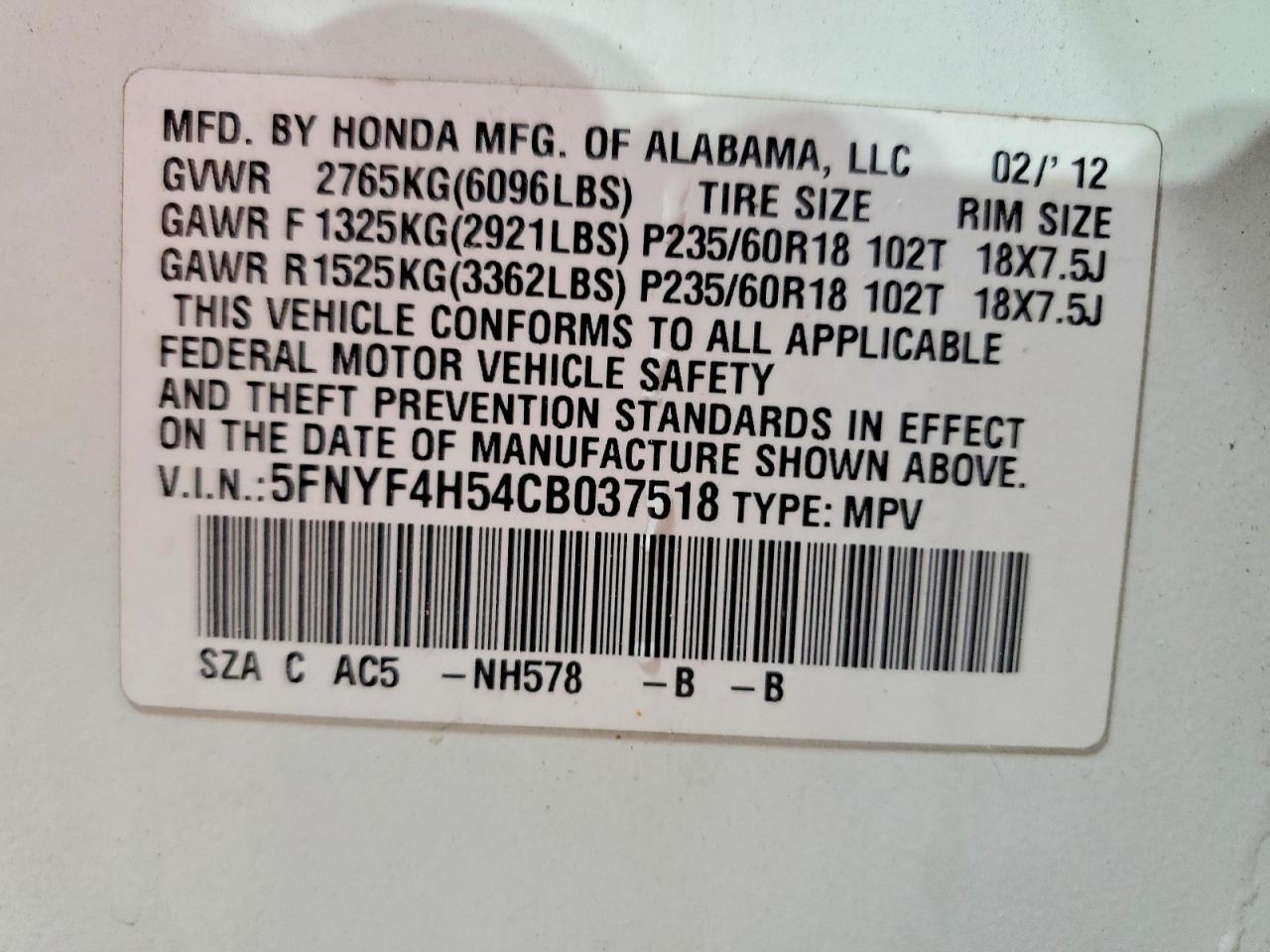 2012 Honda Pilot Exl White vin: 5FNYF4H54CB037518