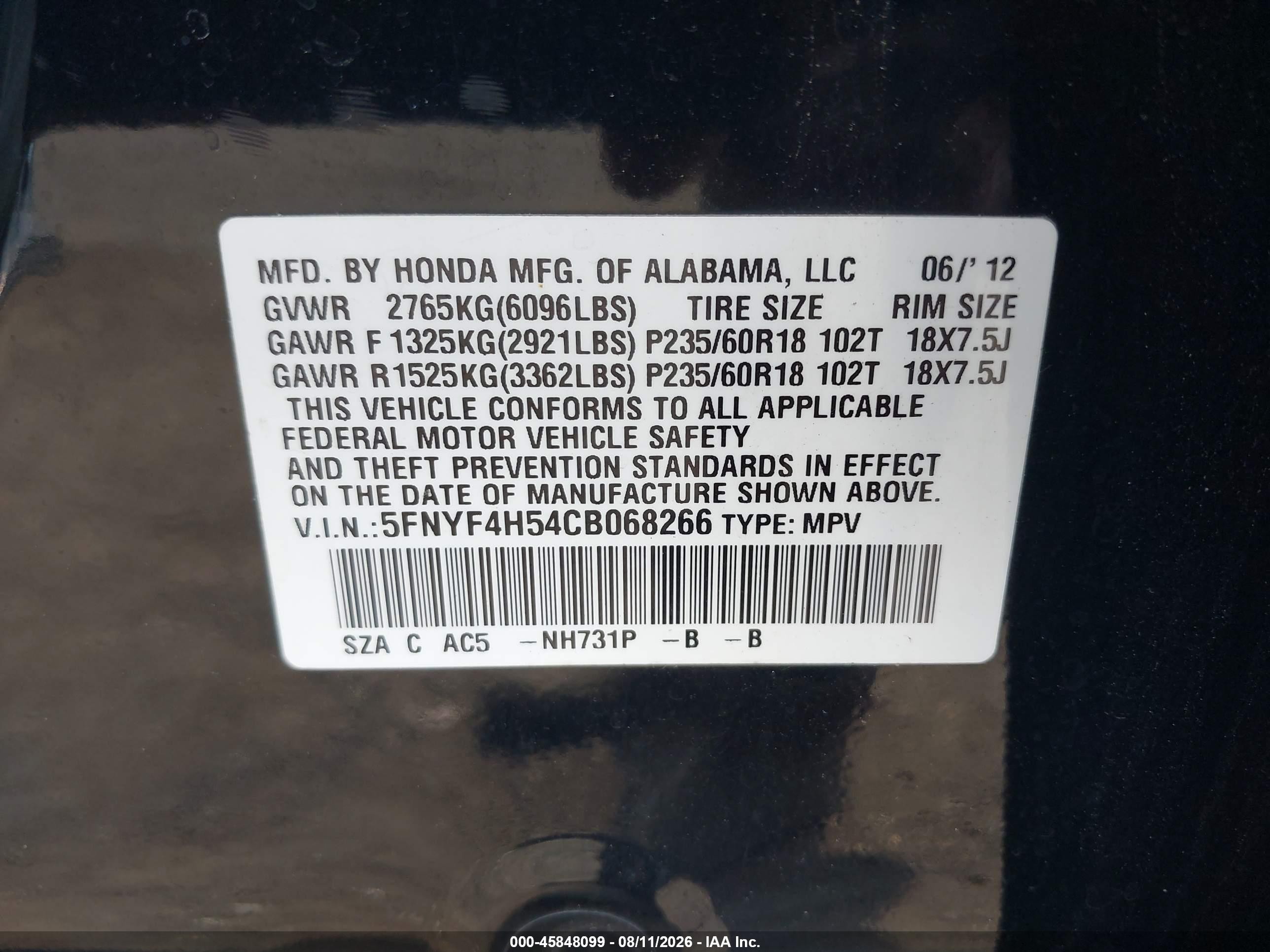 2012 Honda Pilot Ex-l Black vin: 5FNYF4H54CB068266