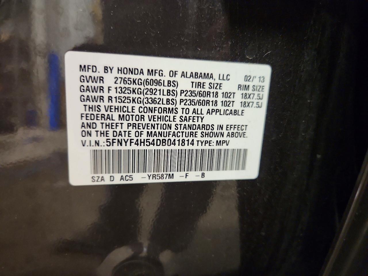 2013 Honda Pilot Exl Purple vin: 5FNYF4H54DB041814