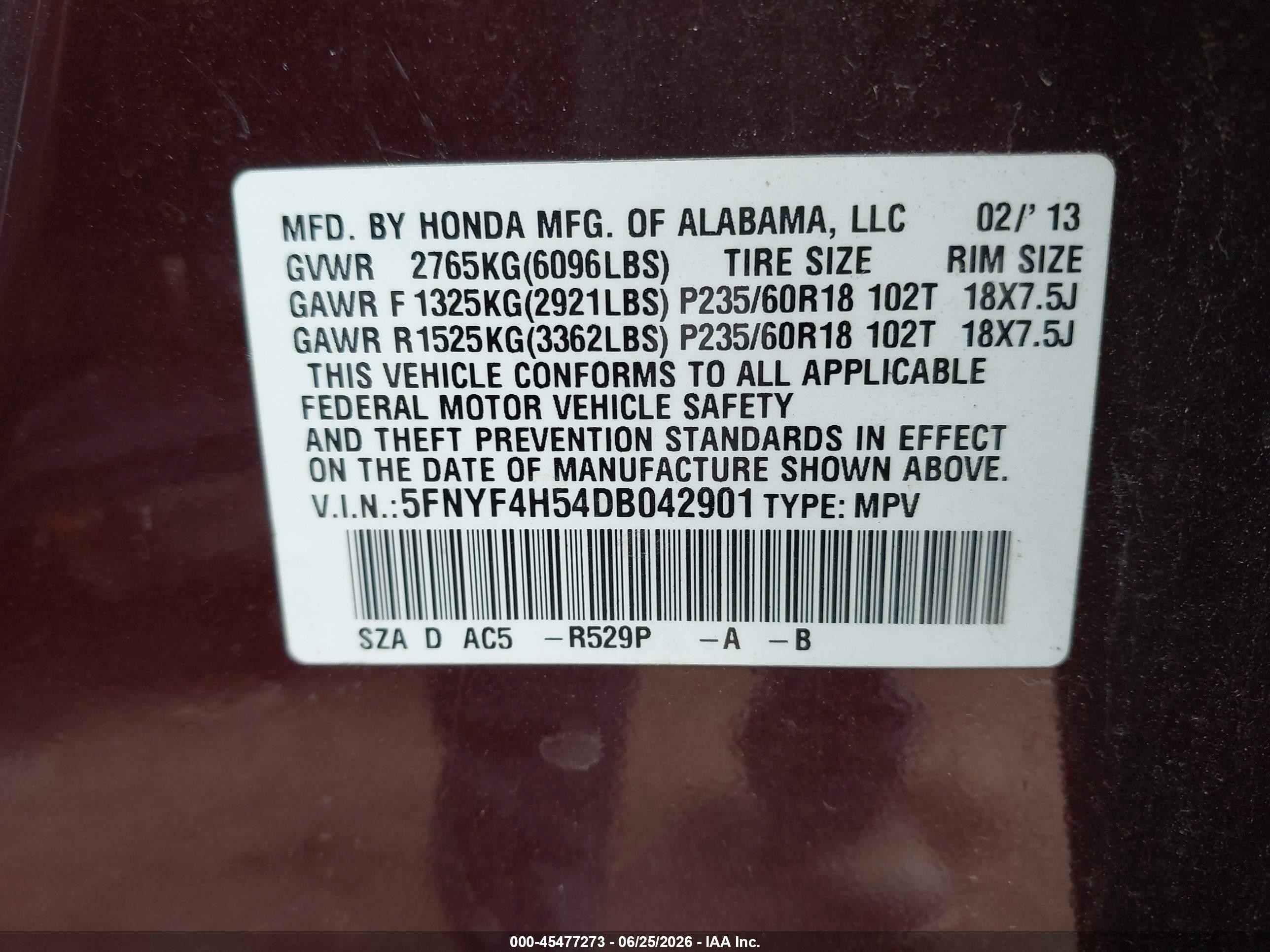 2013 Honda Pilot Ex-l Темно-бордовый vin: 5FNYF4H54DB042901