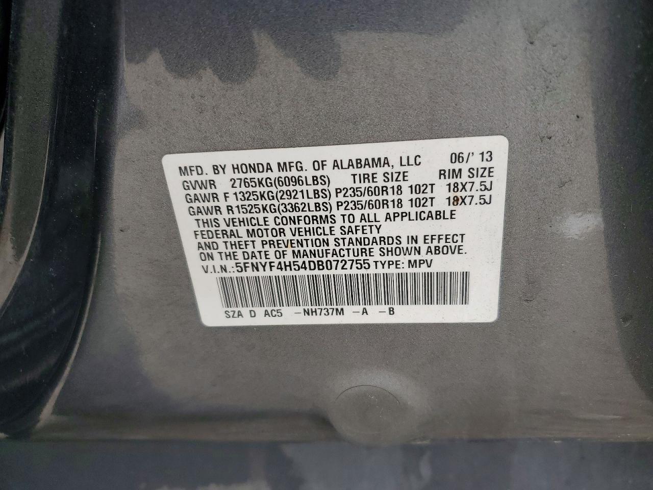2013 Honda Pilot Exl Gray vin: 5FNYF4H54DB072755