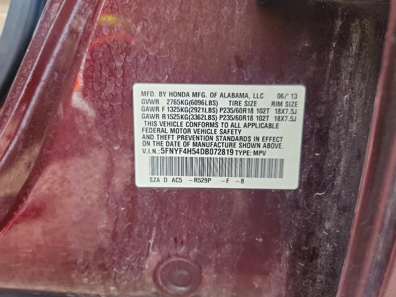 2013 Honda Pilot Exl Burgundy vin: 5FNYF4H54DB072819