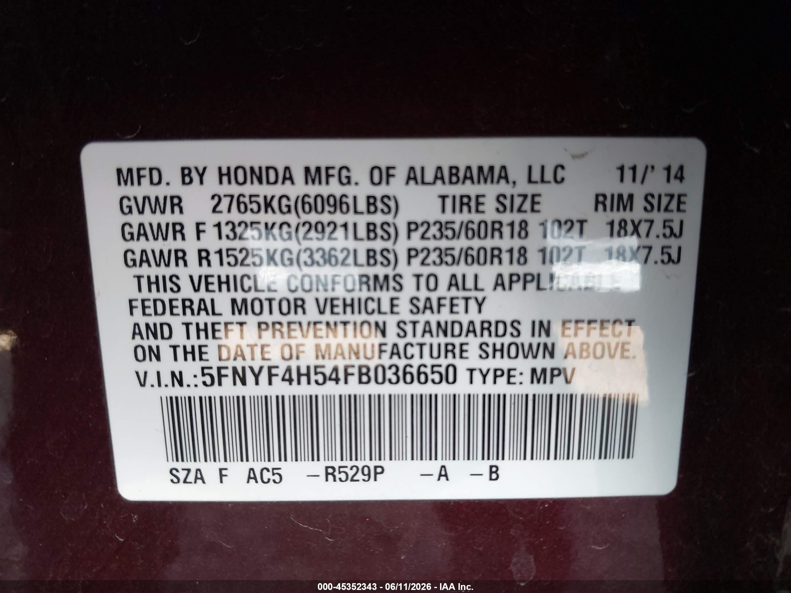 2015 Honda Pilot Ex-l Maroon vin: 5FNYF4H54FB036650
