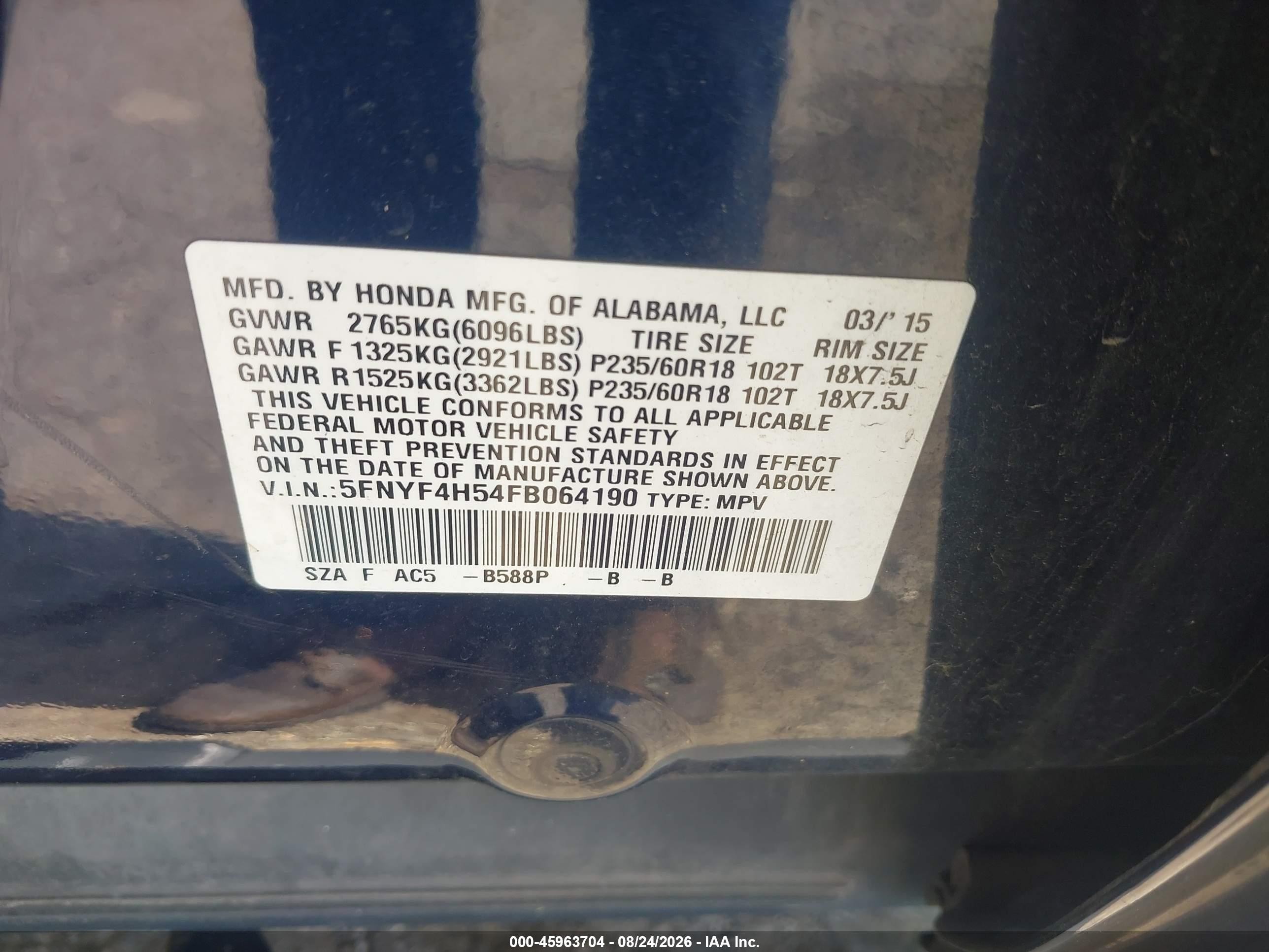 2015 Honda Pilot Ex-l Blue vin: 5FNYF4H54FB064190