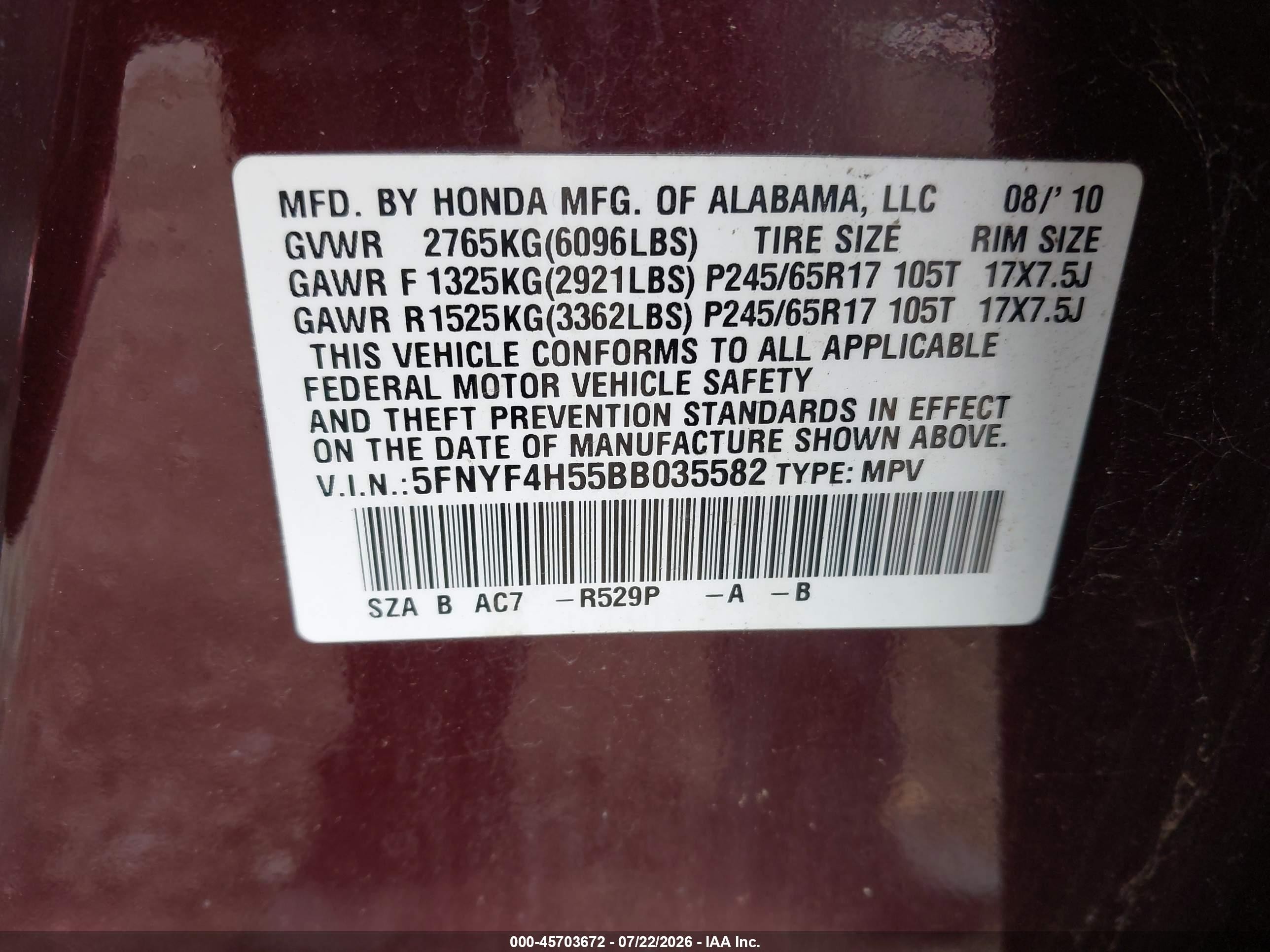 2011 Honda Pilot Ex-l Maroon vin: 5FNYF4H55BB035582