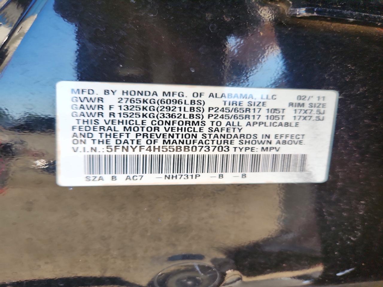 2011 Honda Pilot Exl Black vin: 5FNYF4H55BB073703