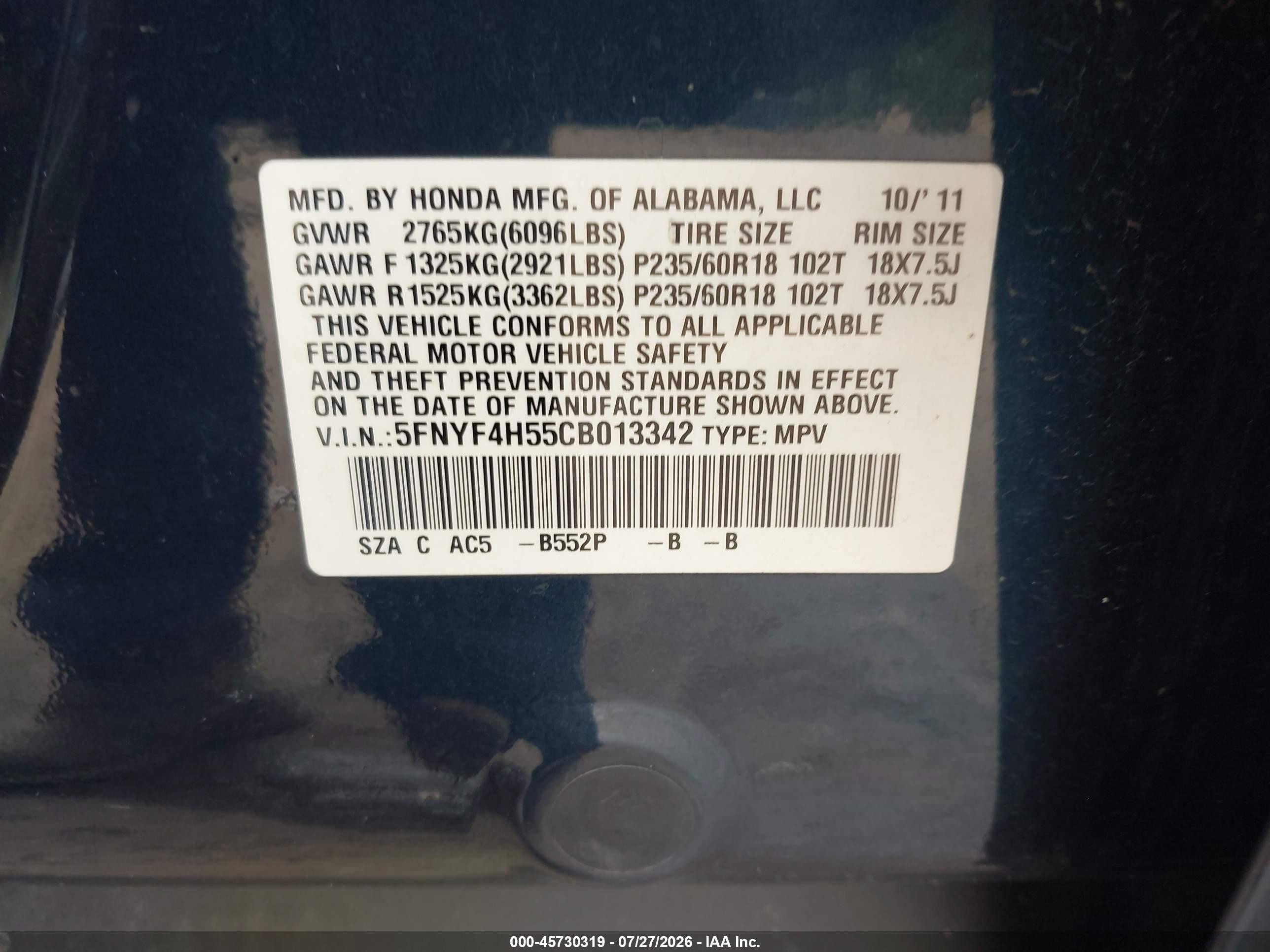 2012 Honda Pilot Ex-l Blue vin: 5FNYF4H55CB013342