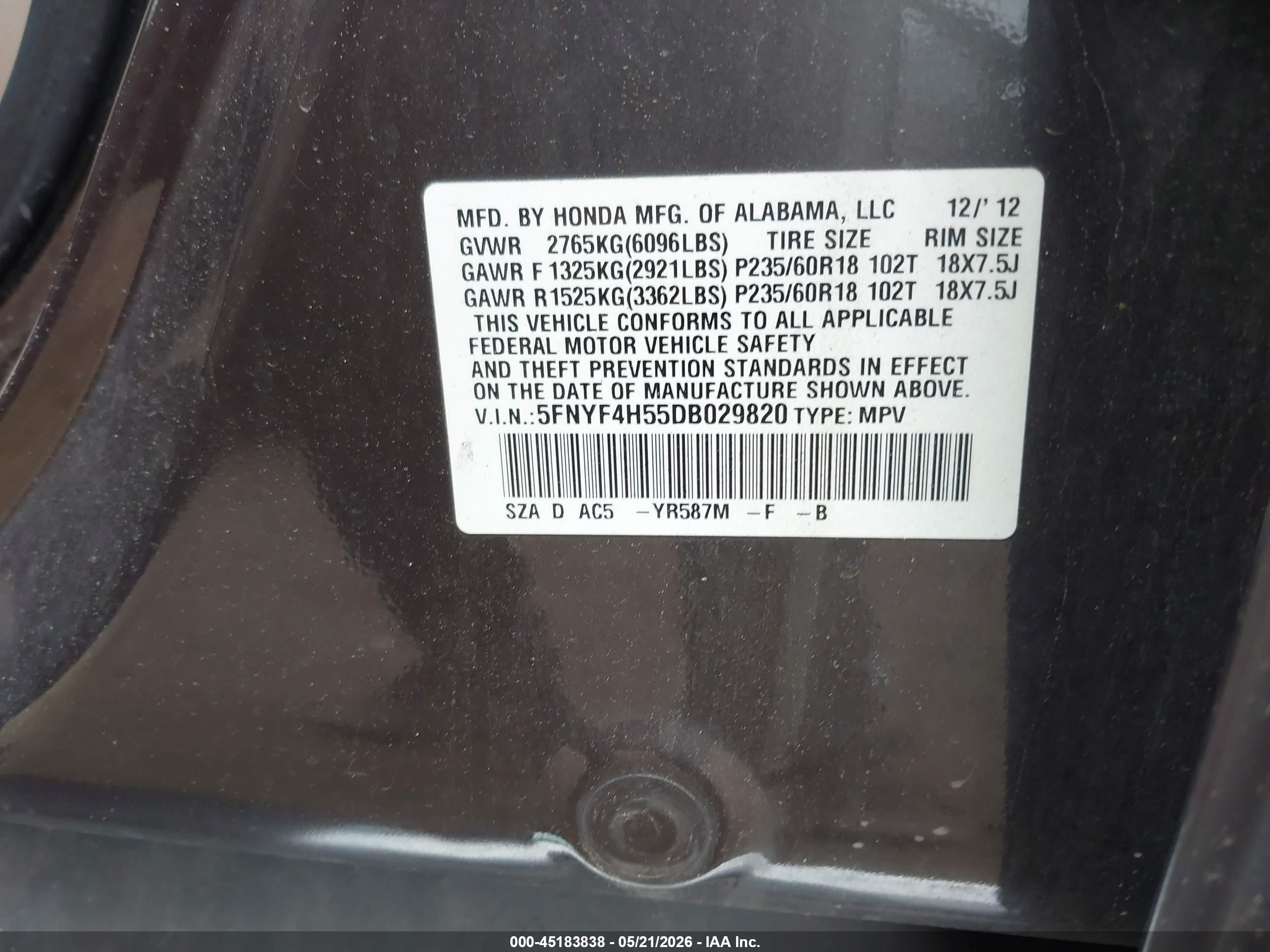 2013 Honda Pilot Ex-l Gray vin: 5FNYF4H55DB029820