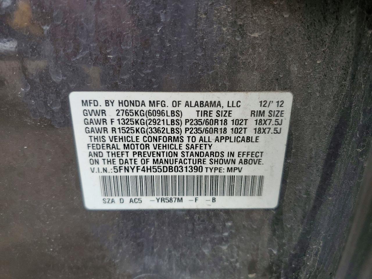 2013 Honda Pilot Exl Gray vin: 5FNYF4H55DB031390