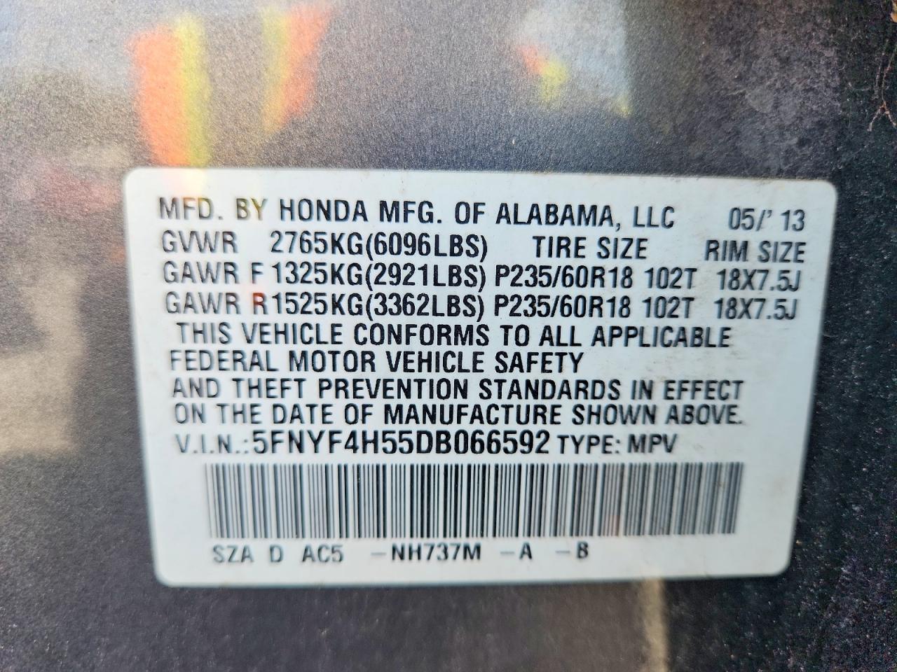 2013 Honda Pilot Exl Charcoal vin: 5FNYF4H55DB066592