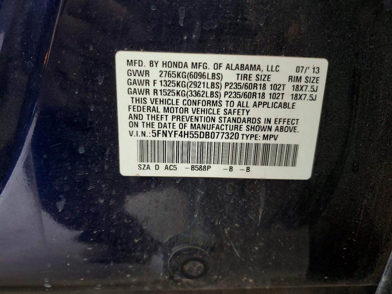 2013 Honda Pilot Exl Blue vin: 5FNYF4H55DB077320