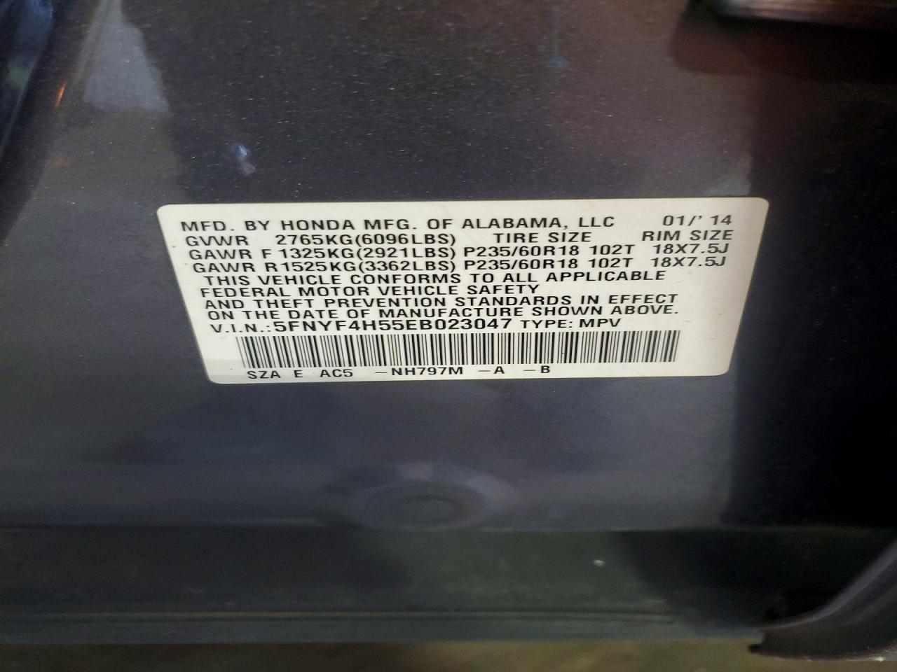 2014 Honda Pilot Exl Charcoal vin: 5FNYF4H55EB023047