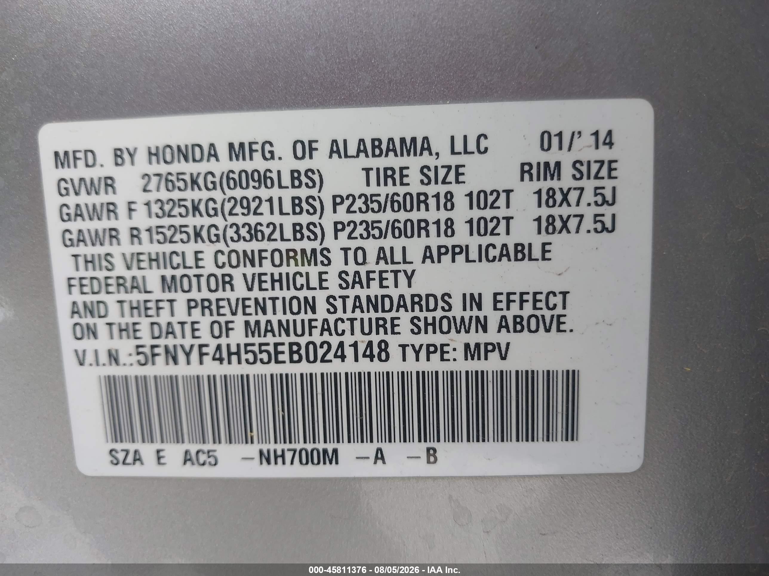 2014 Honda Pilot Ex-l Silver vin: 5FNYF4H55EB024148
