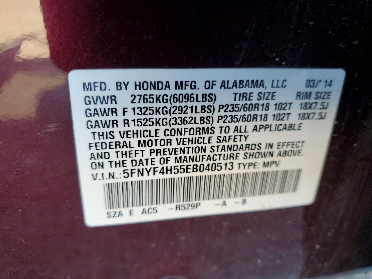 2014 Honda Pilot Exl Темно-бордовый vin: 5FNYF4H55EB040513
