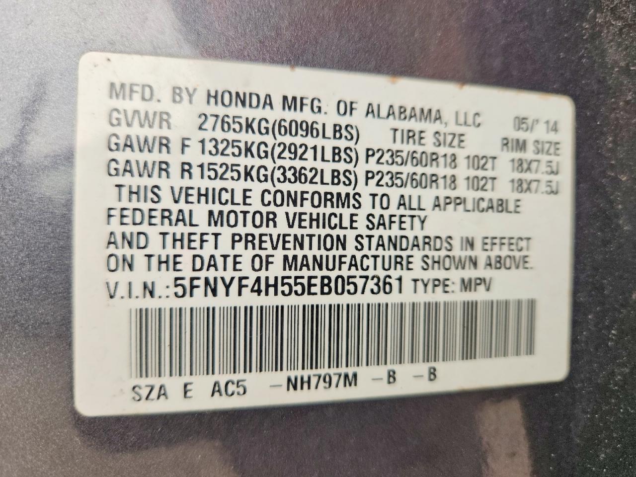 2014 Honda Pilot Exl Gray vin: 5FNYF4H55EB057361