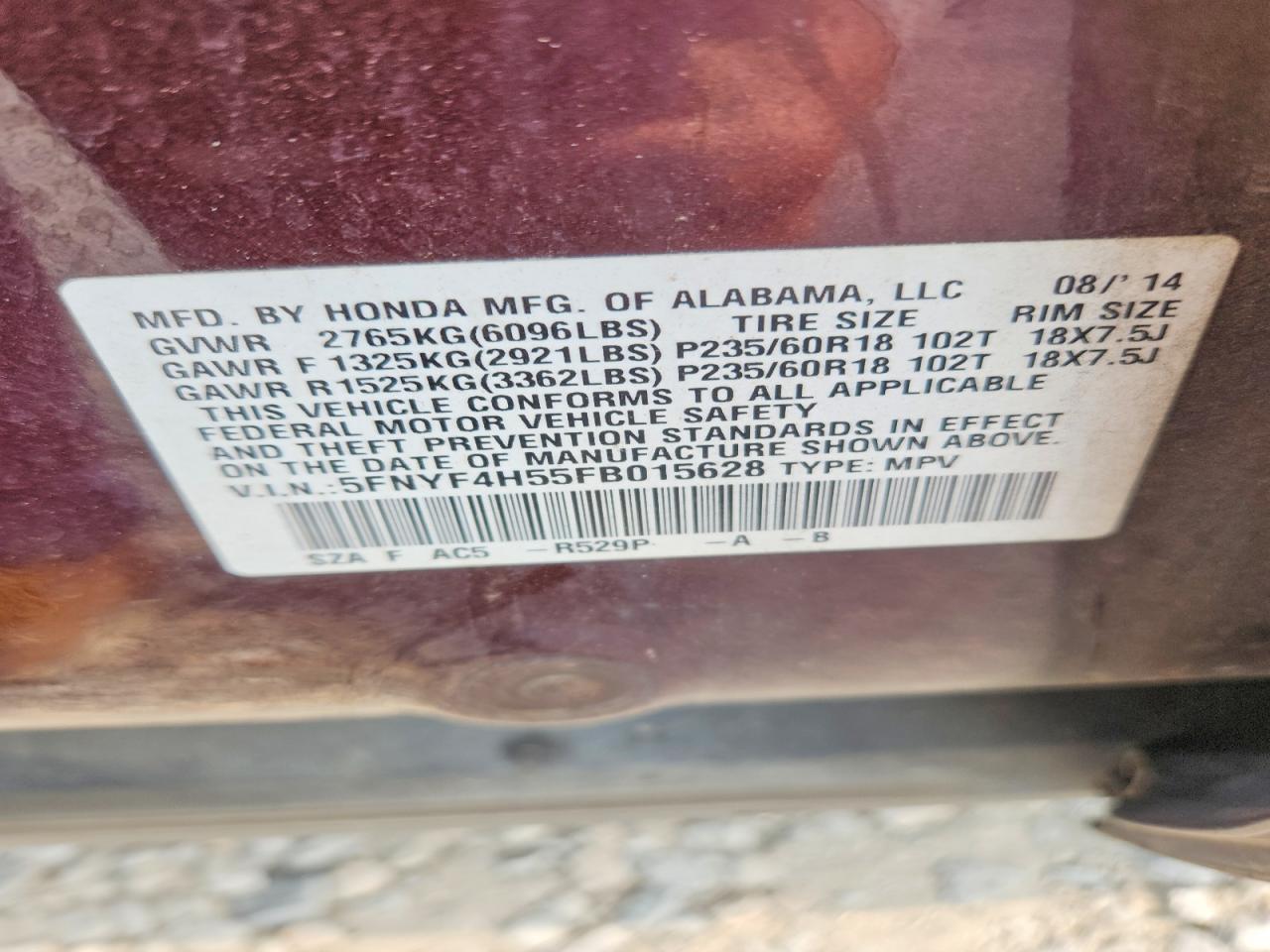 2015 Honda Pilot Exl Burgundy vin: 5FNYF4H55FB015628