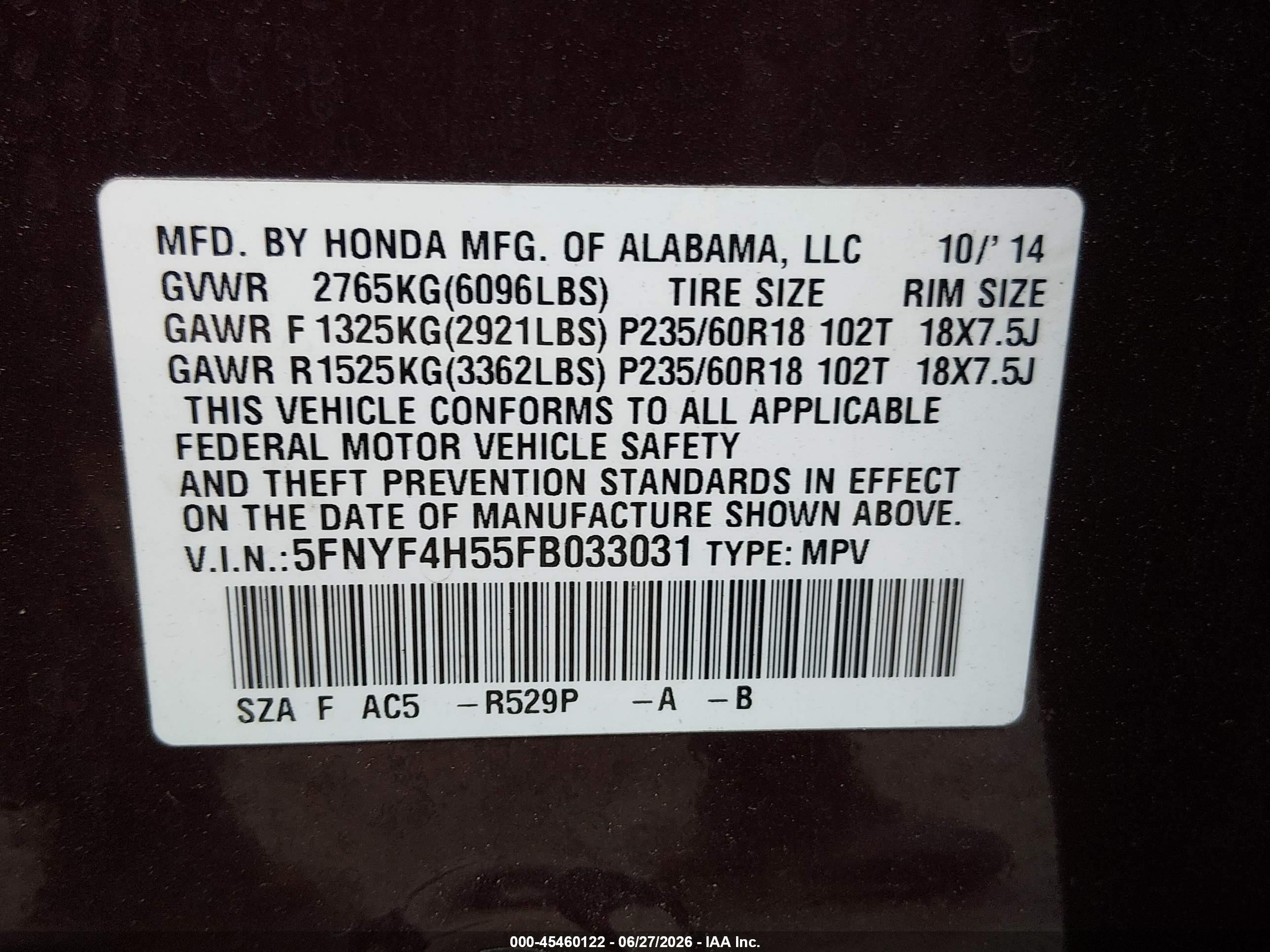 2015 Honda Pilot Ex-l Brown vin: 5FNYF4H55FB033031
